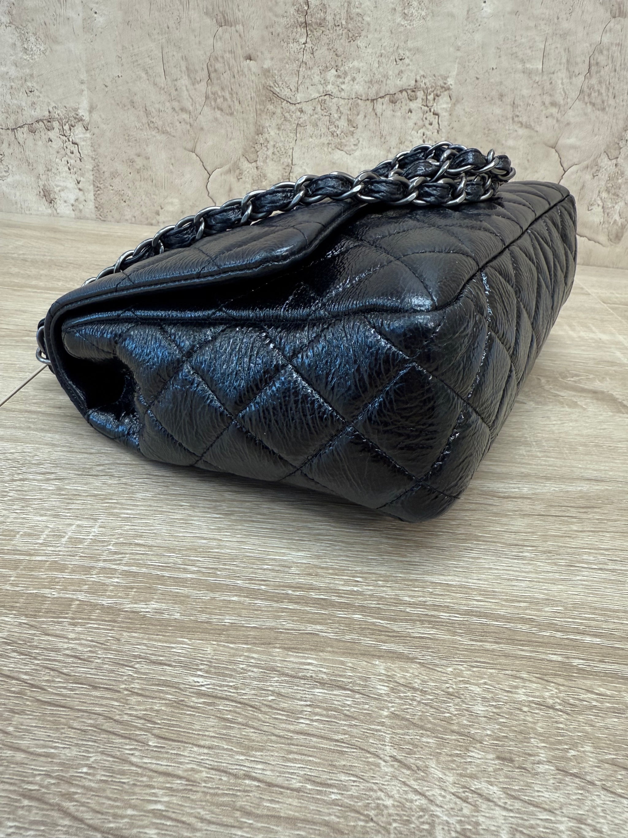 Chanel Large Black Glazed Quilted Goatskin Classic Single Flap Bag