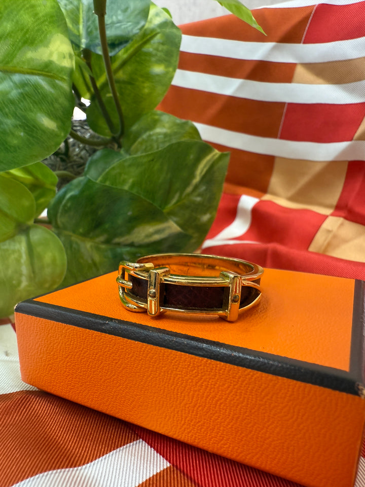 Hermes Jumbo Gold & Burgundy Leather Belt Buckle Scarf Ring