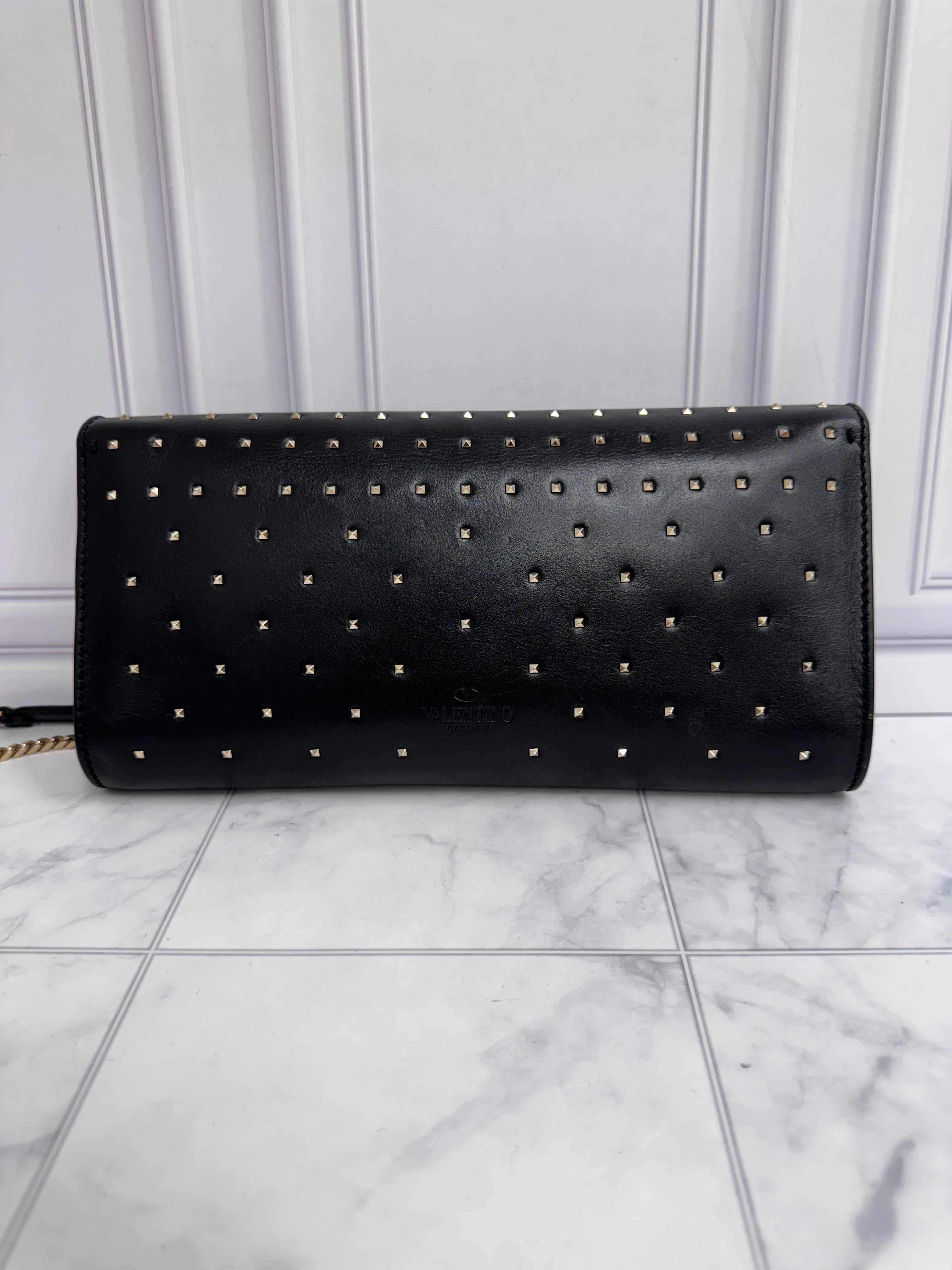 Valentino Black Leather Rockstud All Over Demilune Chain Shoulder Bag
