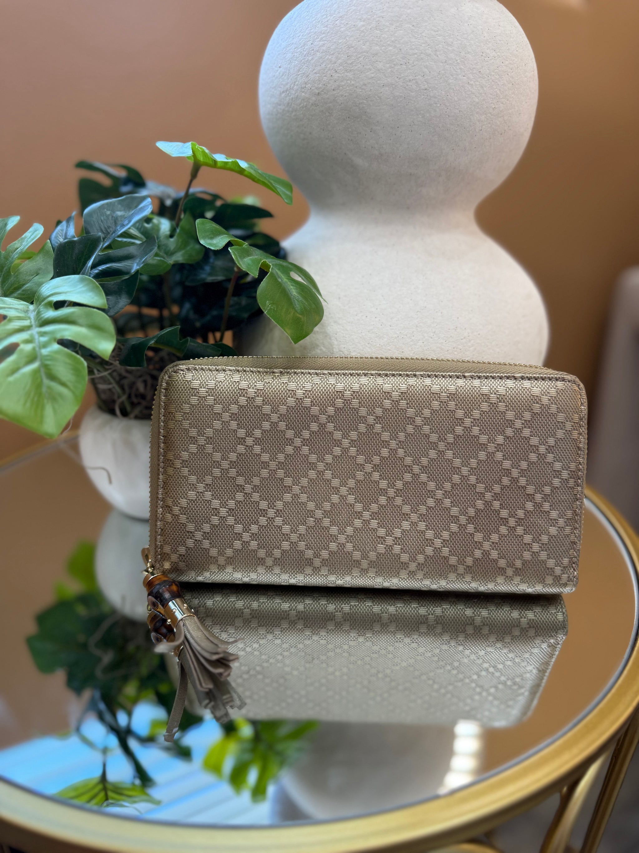 Gucci Gold Diamanté Leather Bamboo Zippy Wallet