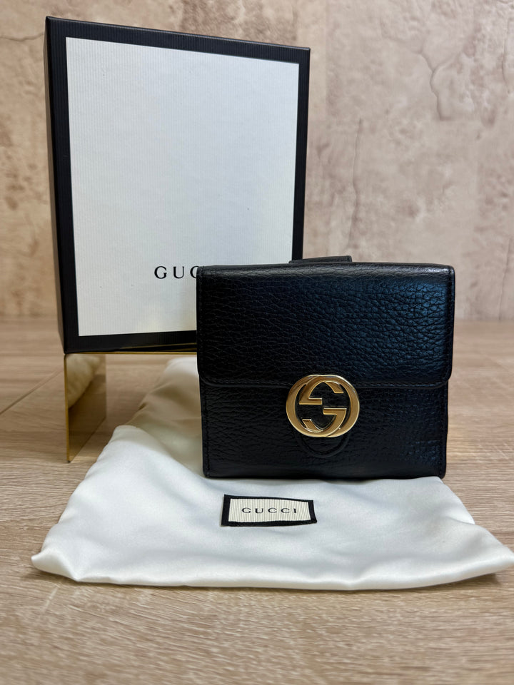 Gucci Black Leather Interlocking G Compact Wallet