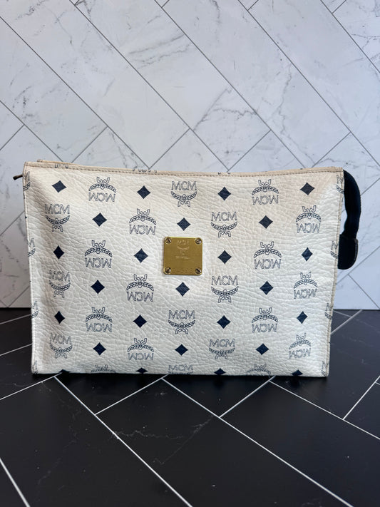 MCM White and Navy Blue Monogram Pouch