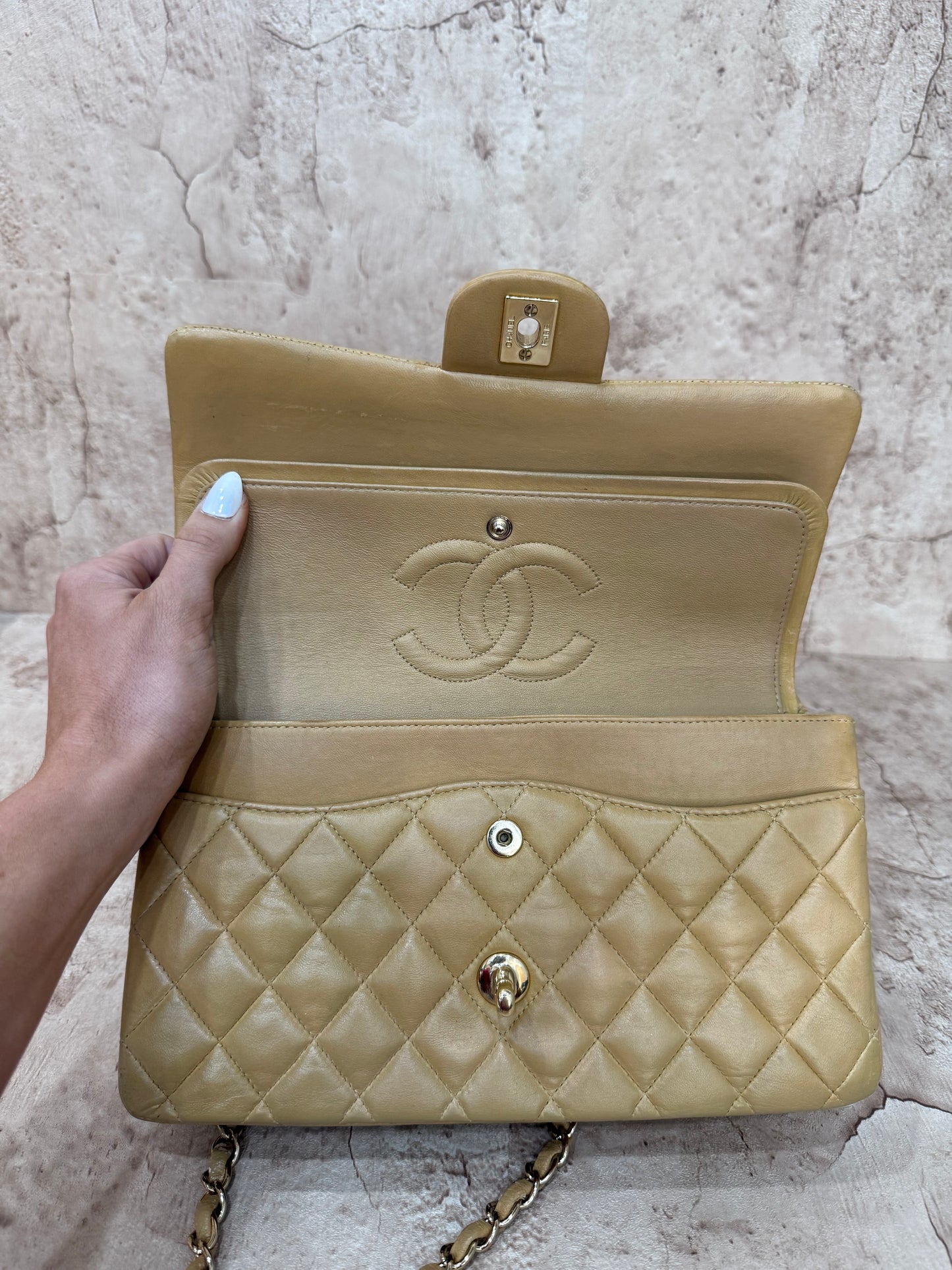 Chanel Beige Lambskin Quilted Medium Double Flap