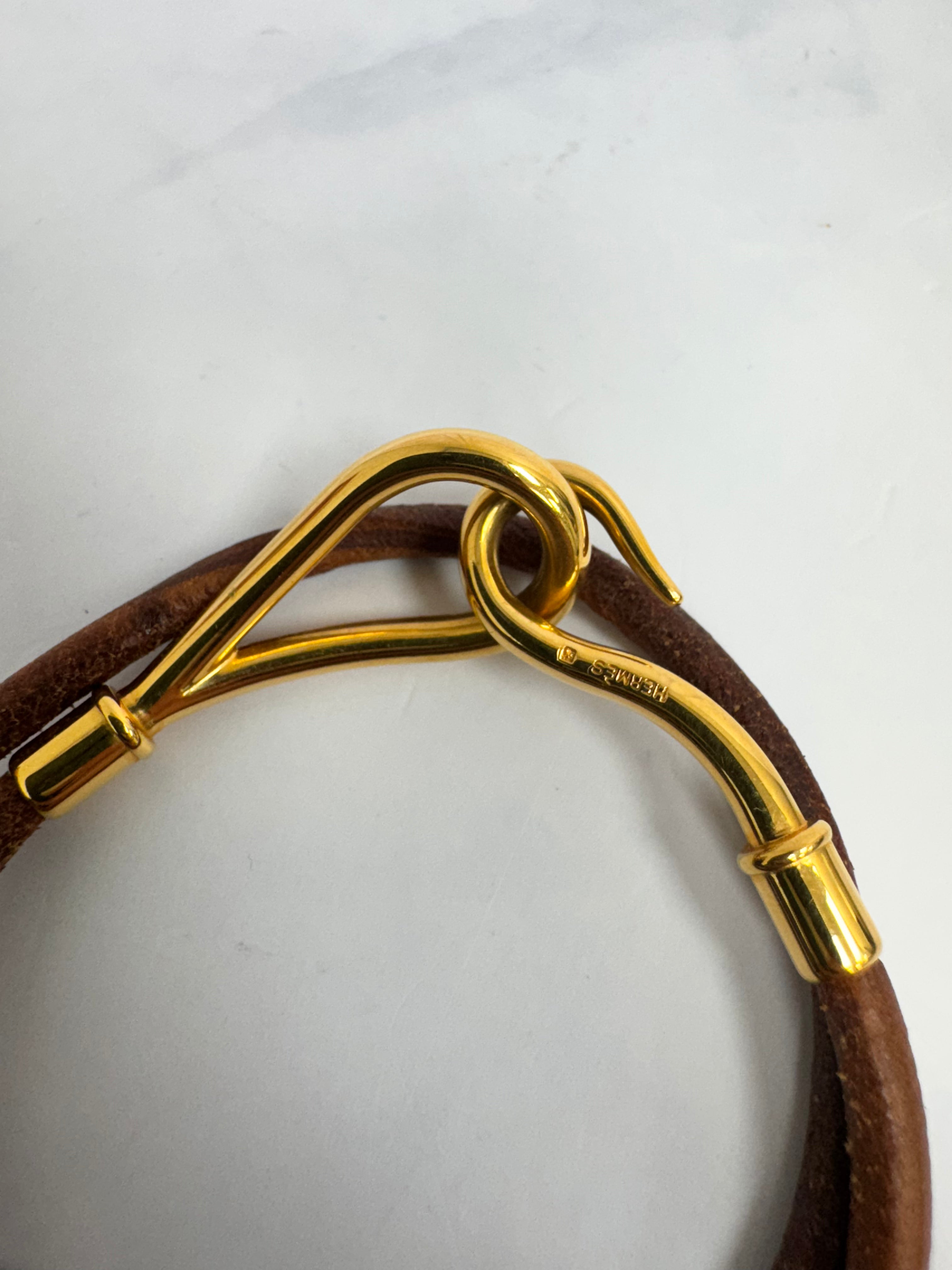 Hermes Gold Tone And Leather Double Tour Jumbo Hook Bracelet
