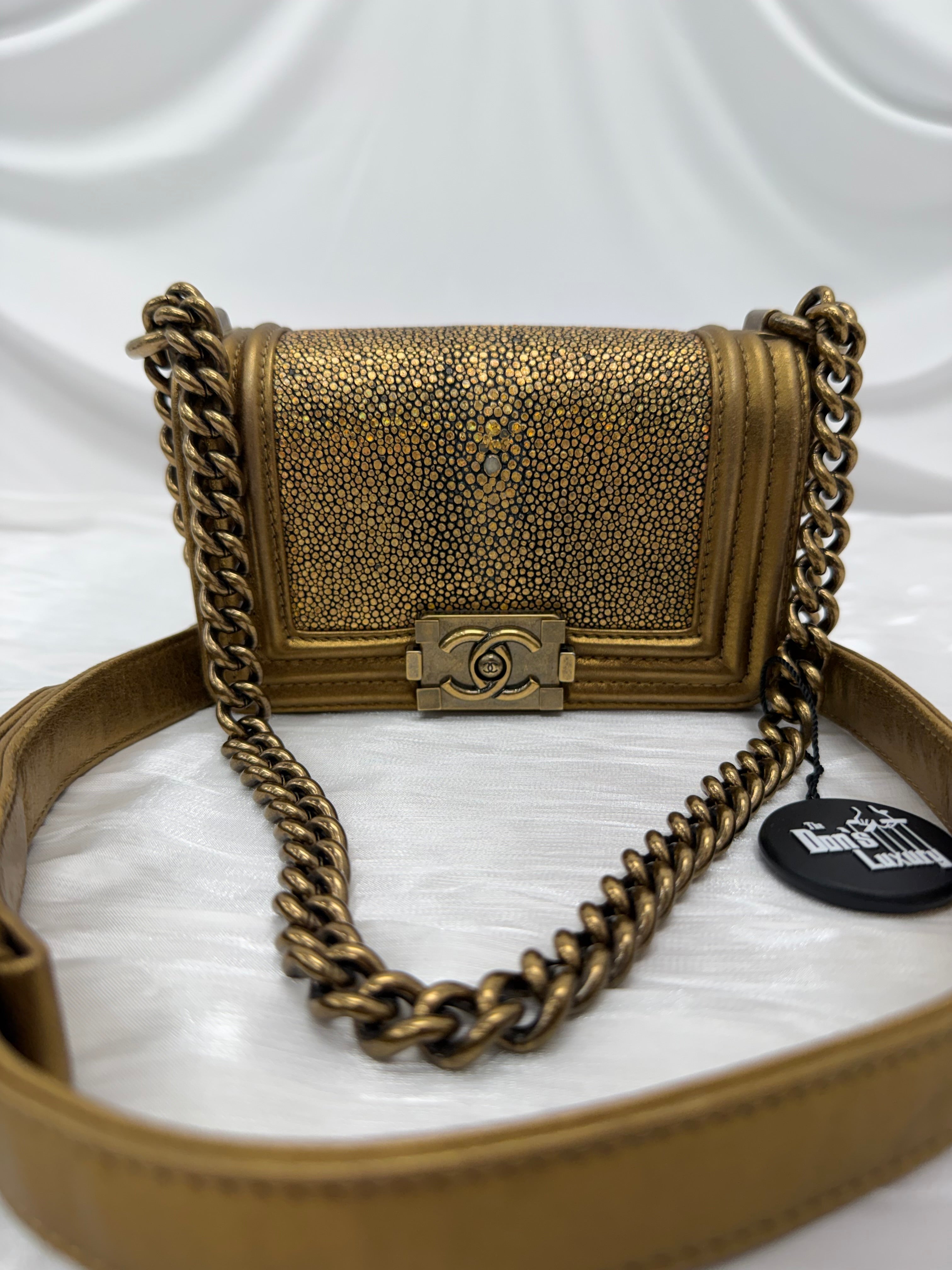 Chanel Metallic Gold Galuchat Stingray Mini Boy Flap Bag