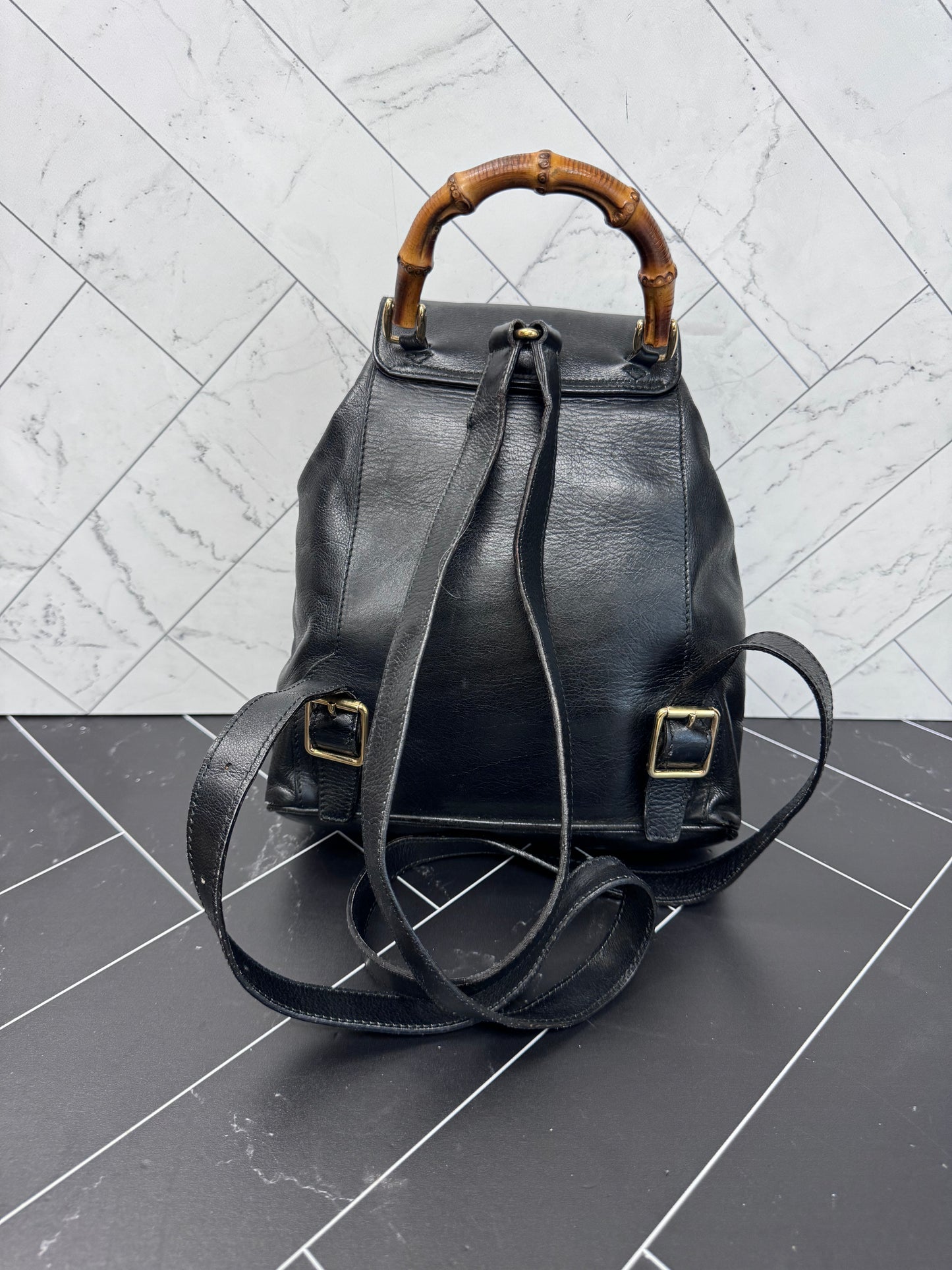 Gucci Black Leather Bamboo Small Backpack