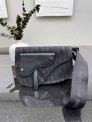 Christian Dior Black Denim Oblique Saddle Messenger Crossbody Bag