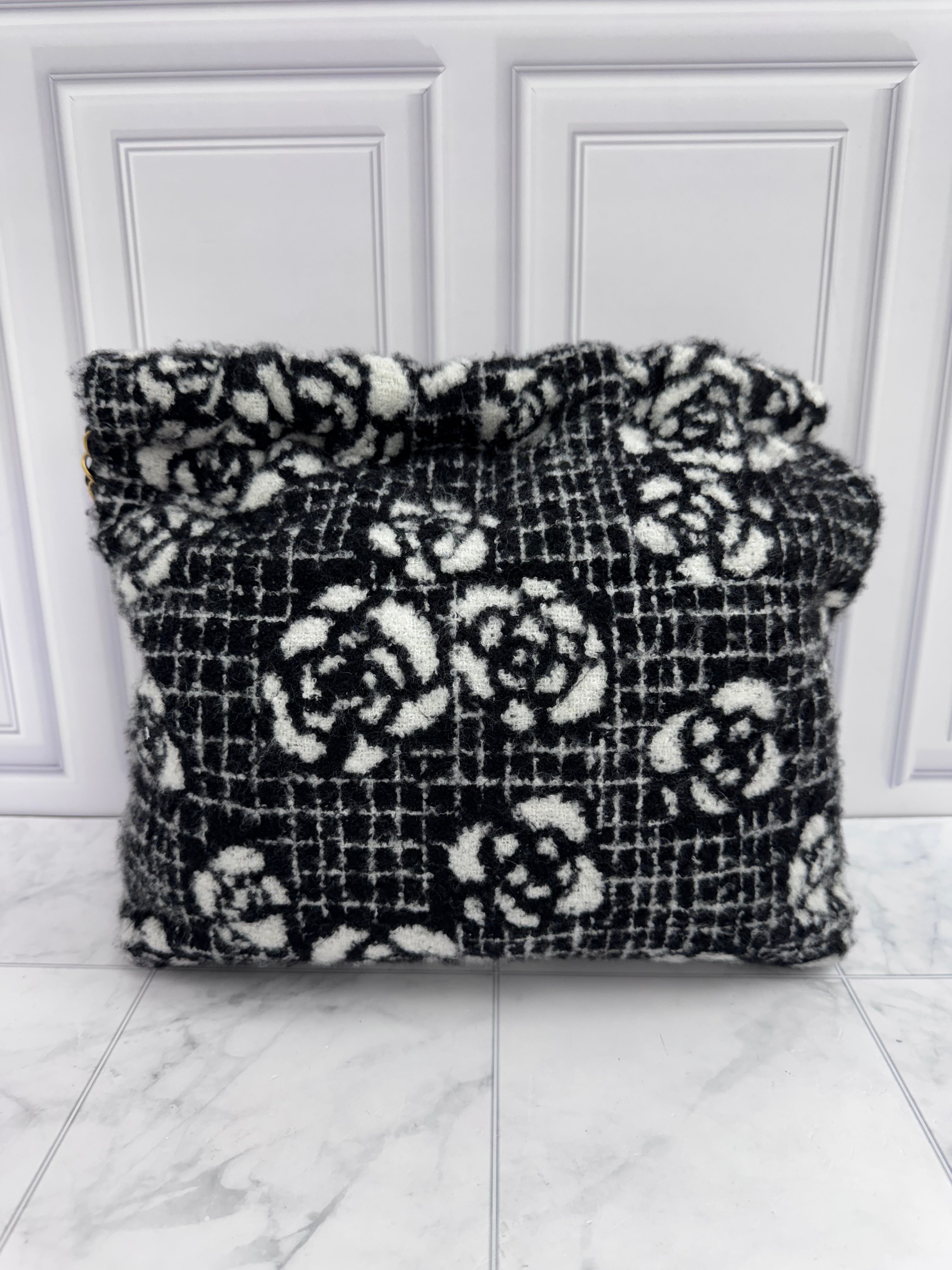 Chanel Black & White Cashmere Camellia Small Chanel 22 Bag