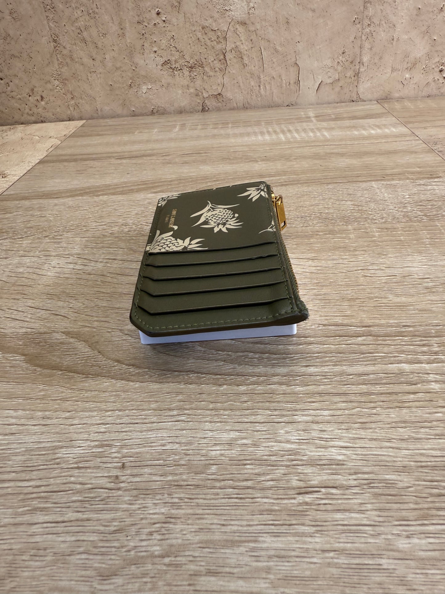 Saint Laurent YSL Green Leather Pineapple Zip Card Coin Case