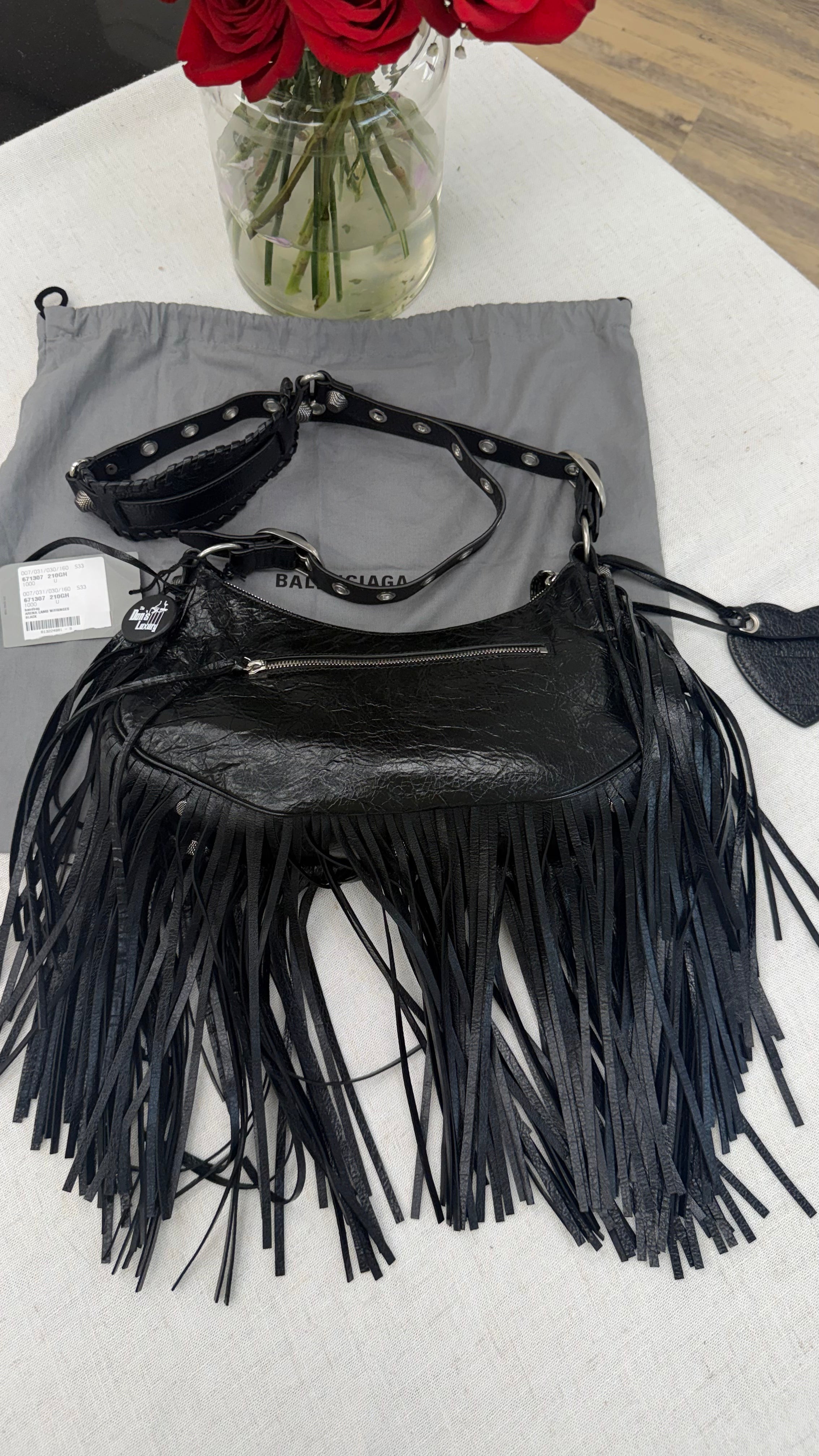 BRAND NEW- Balenciaga Black Leather Small Le Cagole Fringe Shoulder Bag