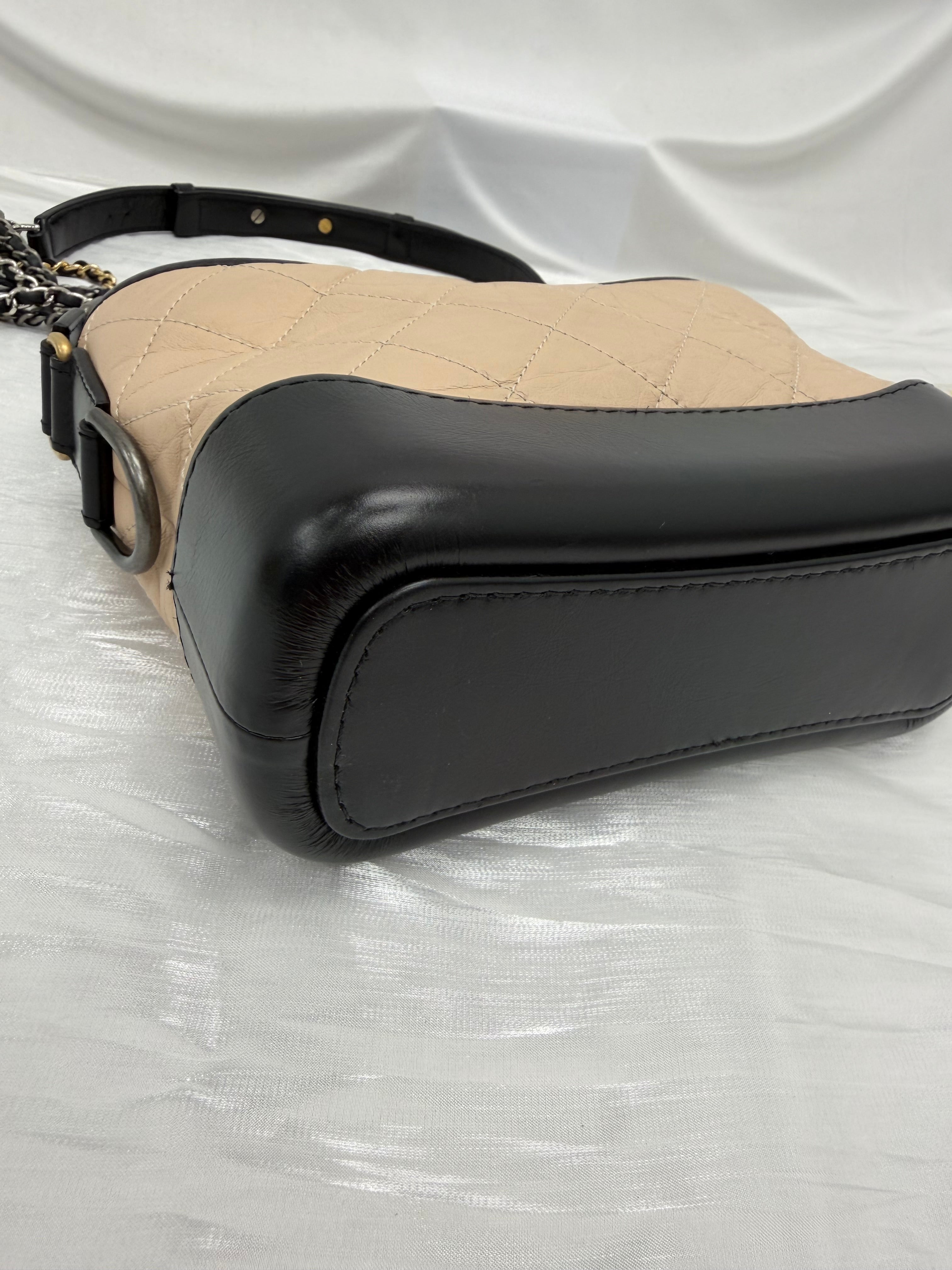 Chanel Beige & Black Aged Quilted Calfskin Small Gabrielle Hobo Bag