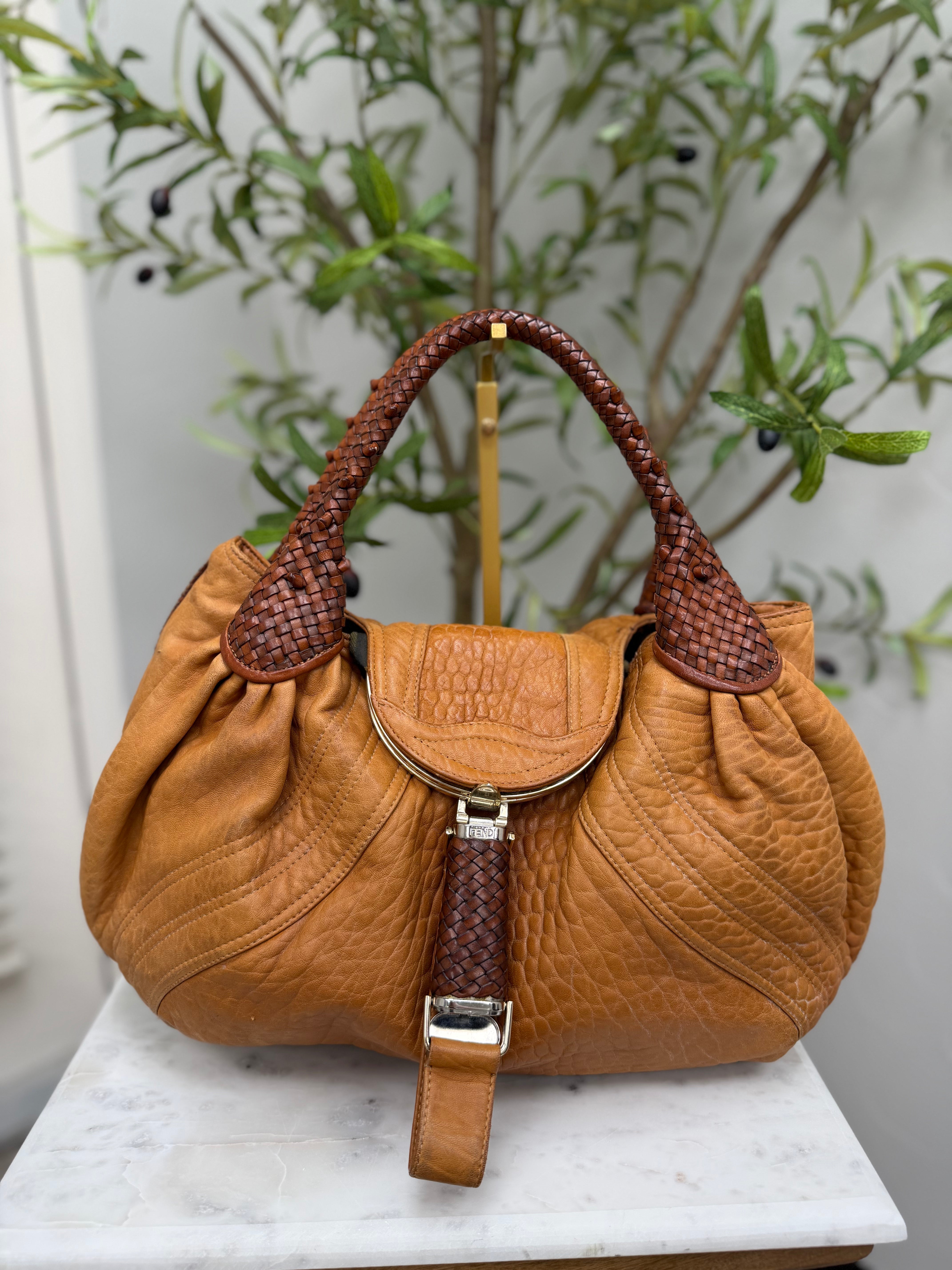 Fendi Honey Brown Leather  & Zucca Canvas Spy Bag