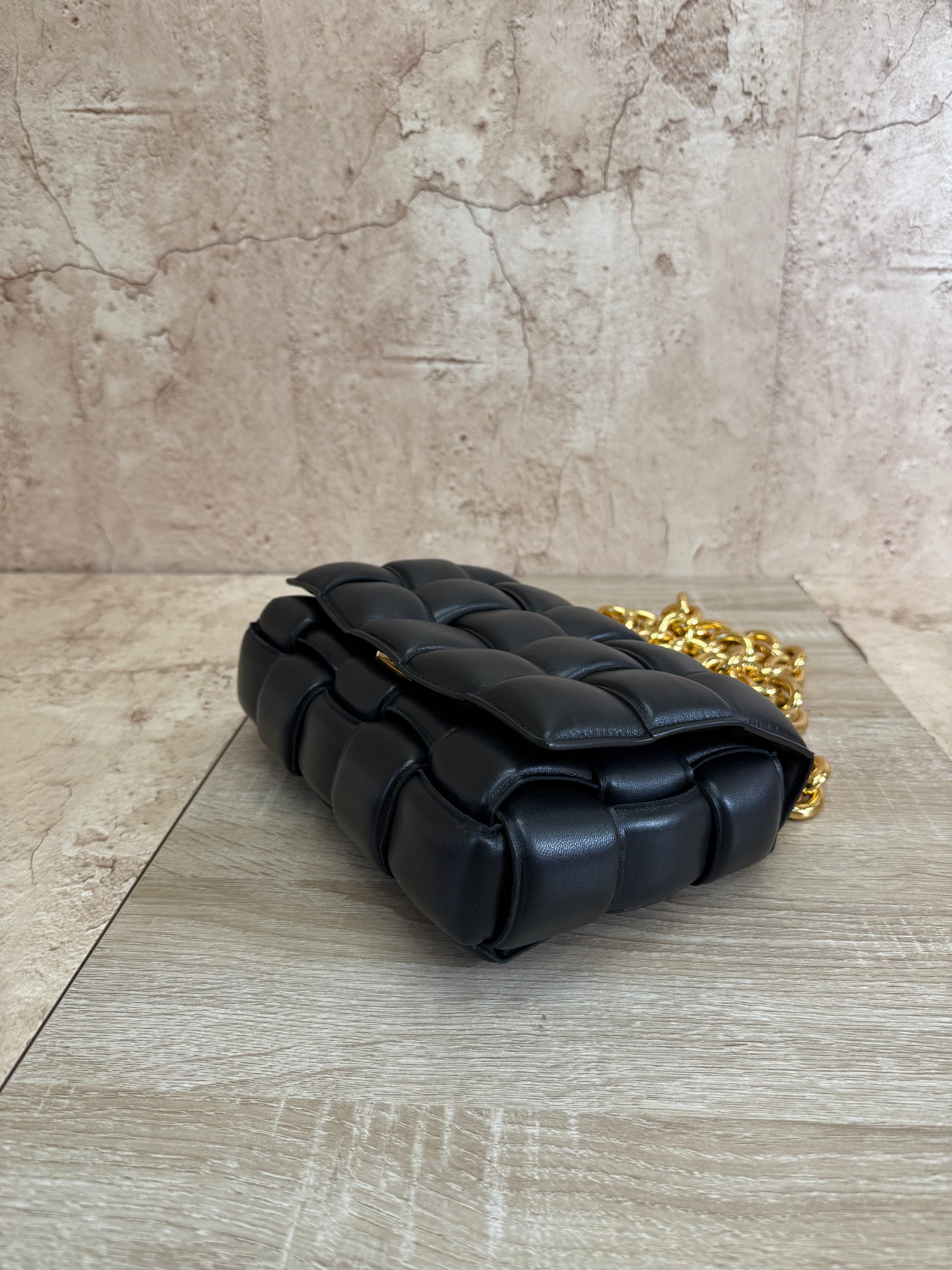 Bottega Veneta Black Leather Padded Bag with Gold Chain