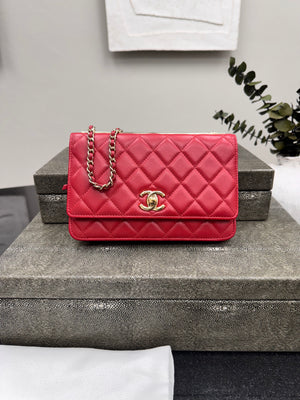 LIKE NEW - Chanel Red Quilted Leather Trendy Wallet On A Chain