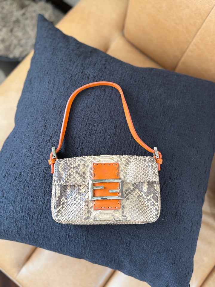 Fendi Orange Leather and Python Selleria Baguette Bag