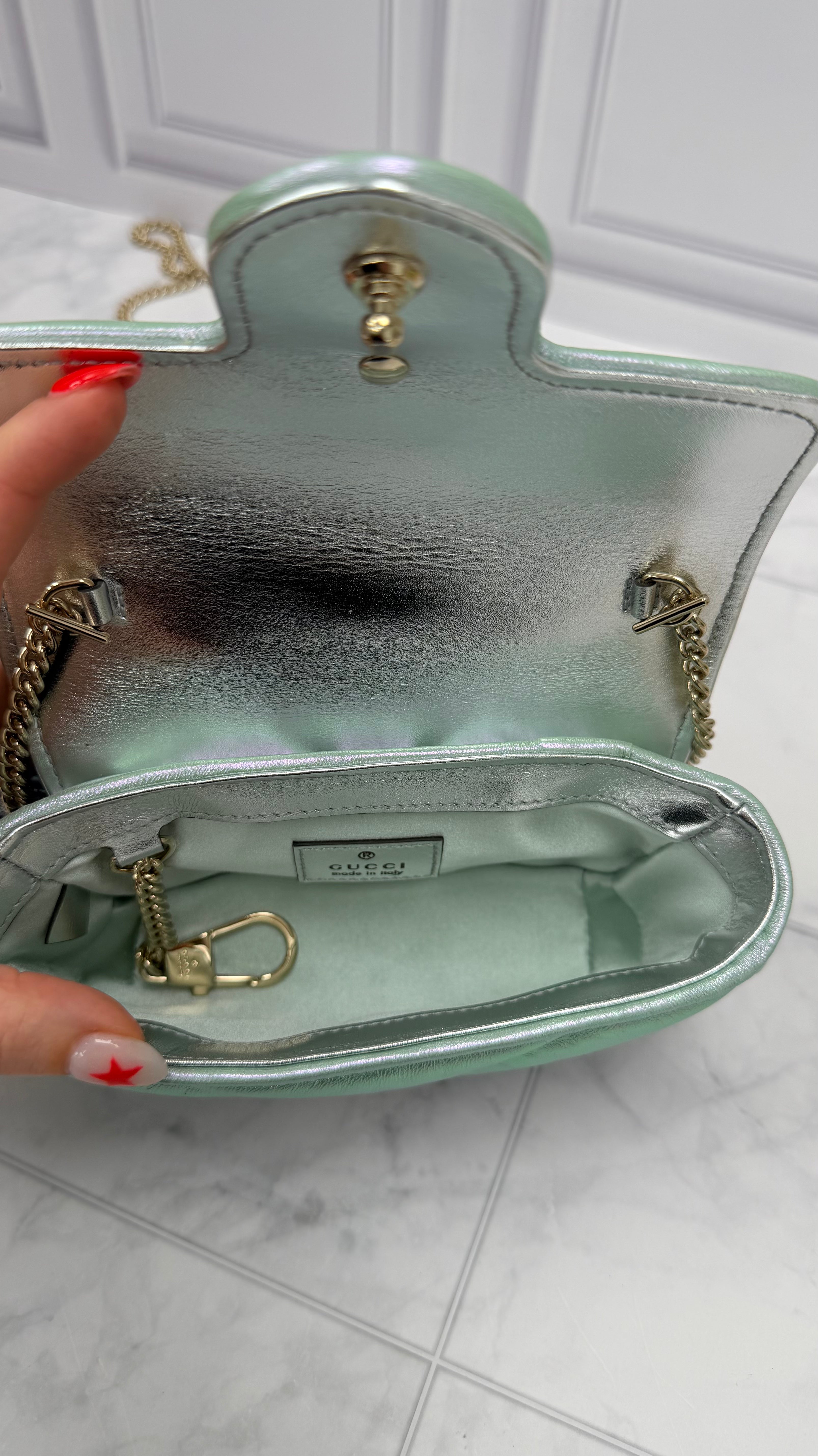 *DONS DROP* Gucci Iridescent Green Nappa Leather Super Mini Marmont Flap Bag