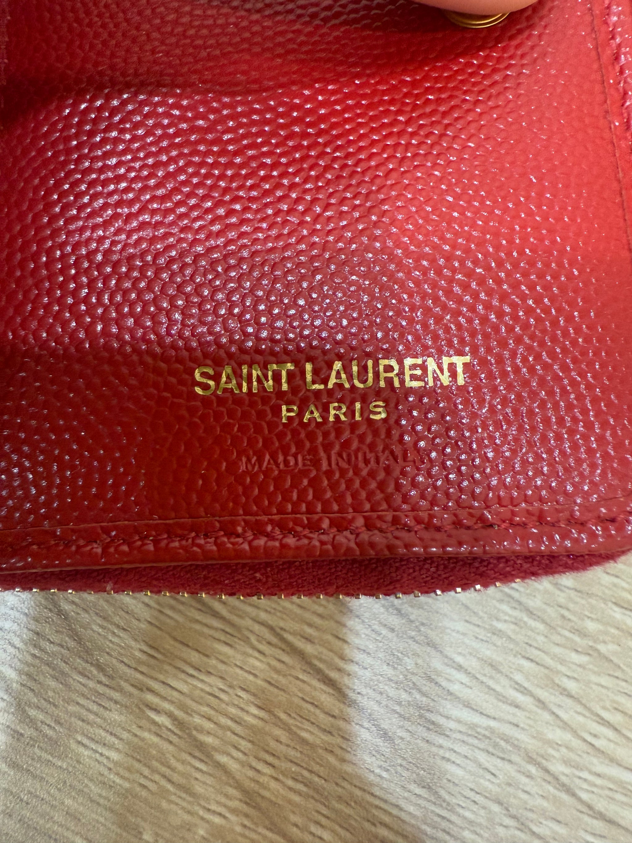 Saint Laurent YSL Red Pebbled Leather Compact Wallet