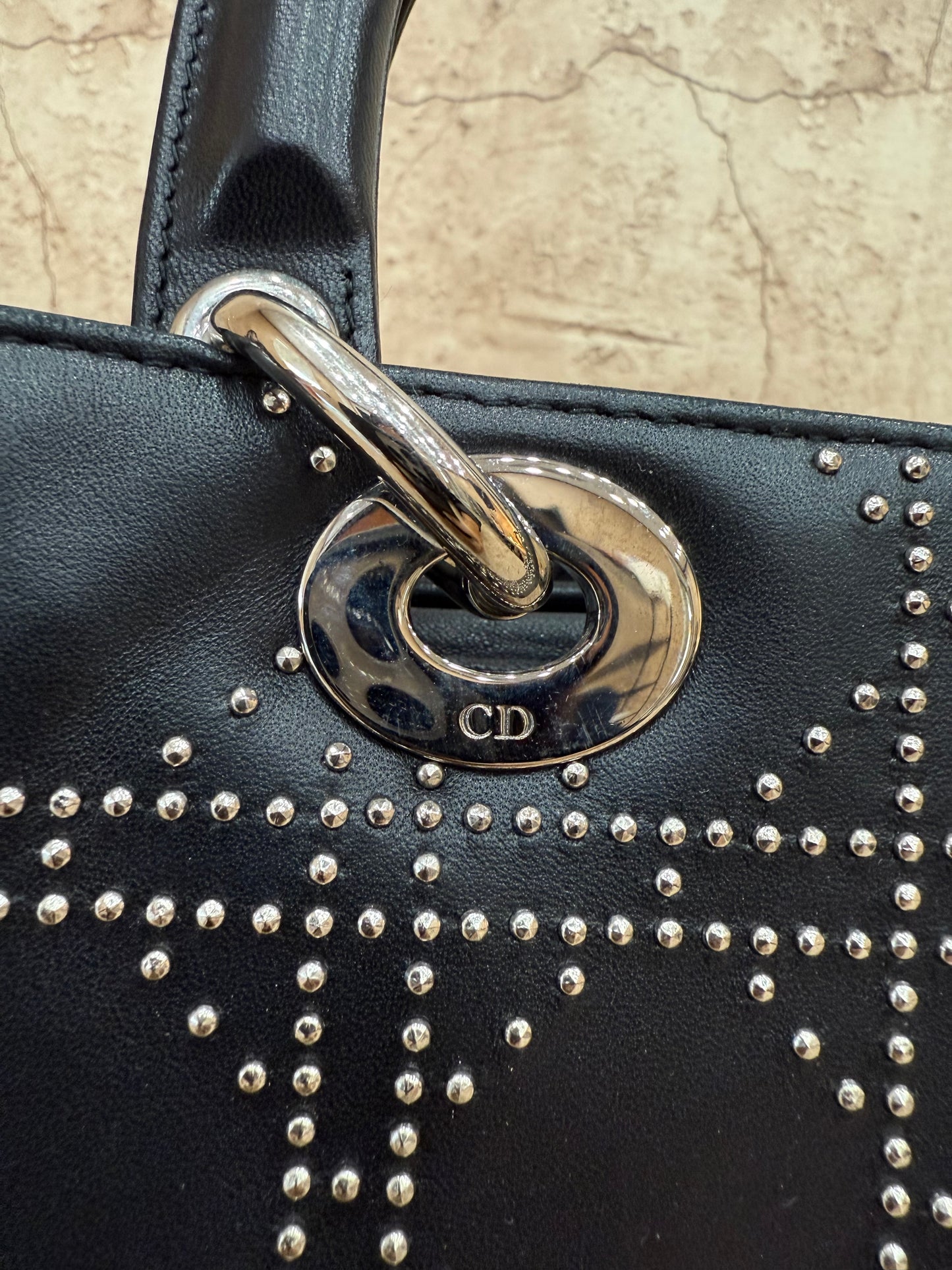 Christian Dior Black Leather Studded Medium Lady Dior