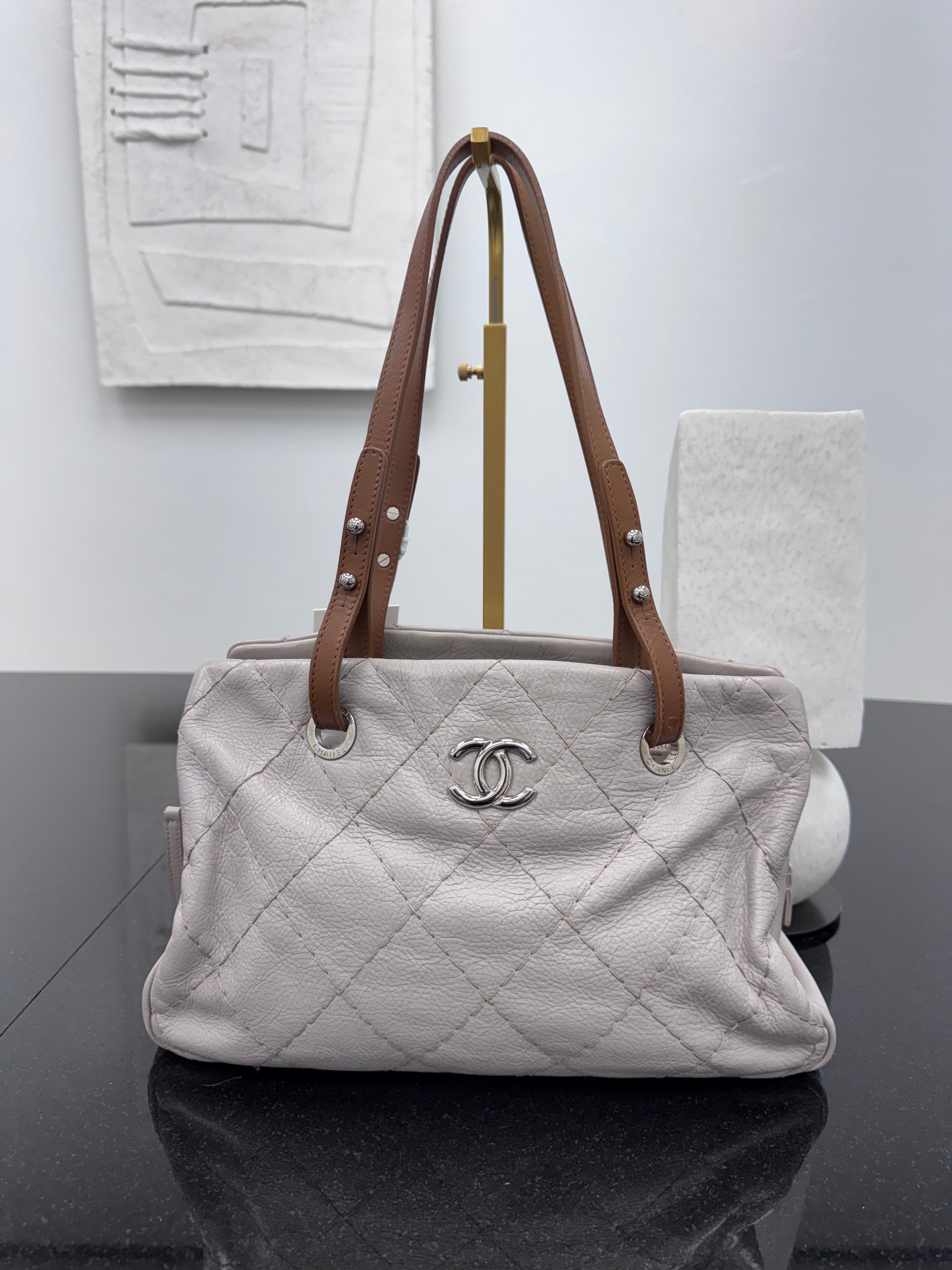 Chanel Grey Quilted Calfskin On The Road Tote Bag