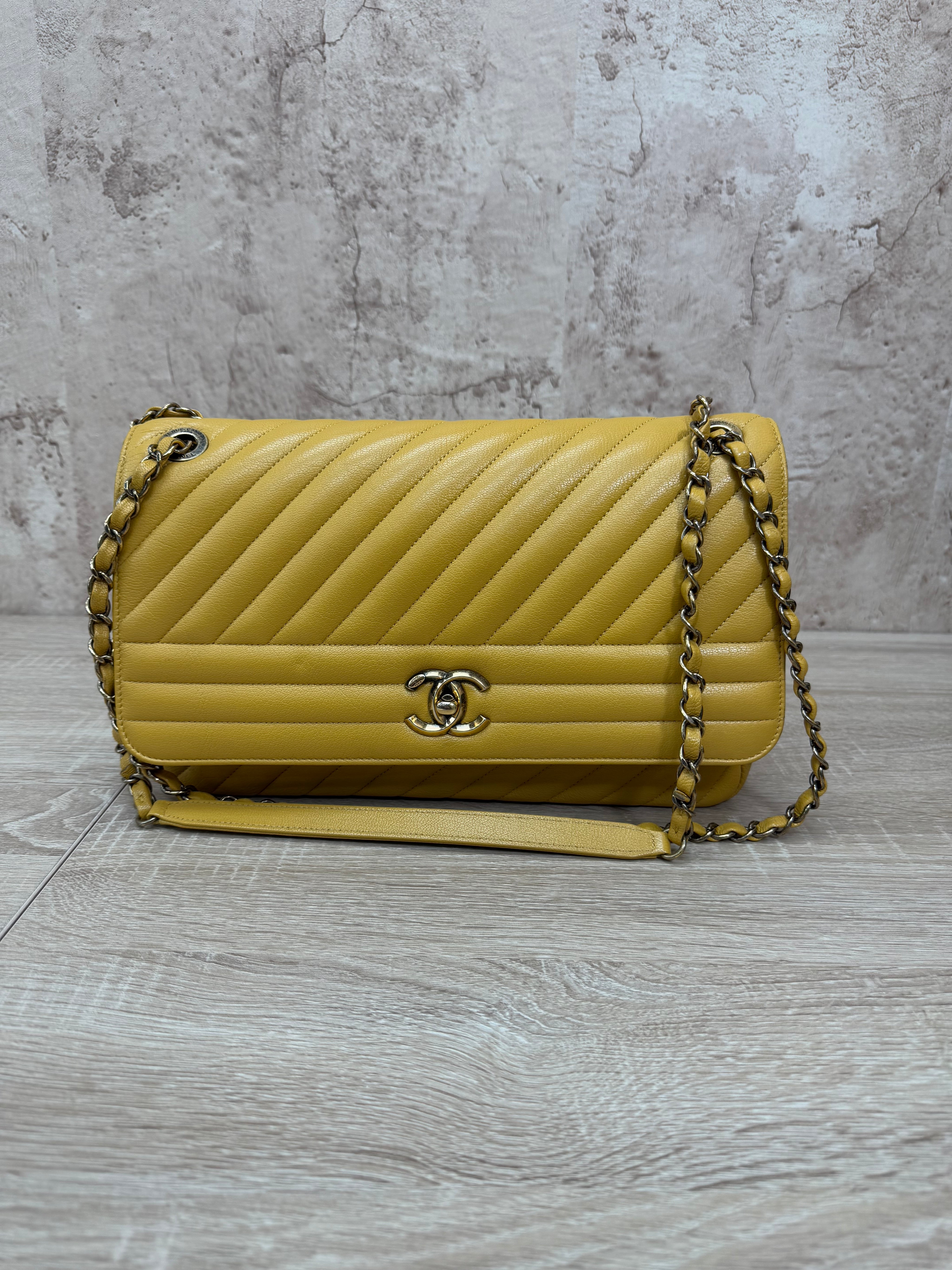 Chanel Yellow Calfskin Diagonal Stitch Large Single Flap