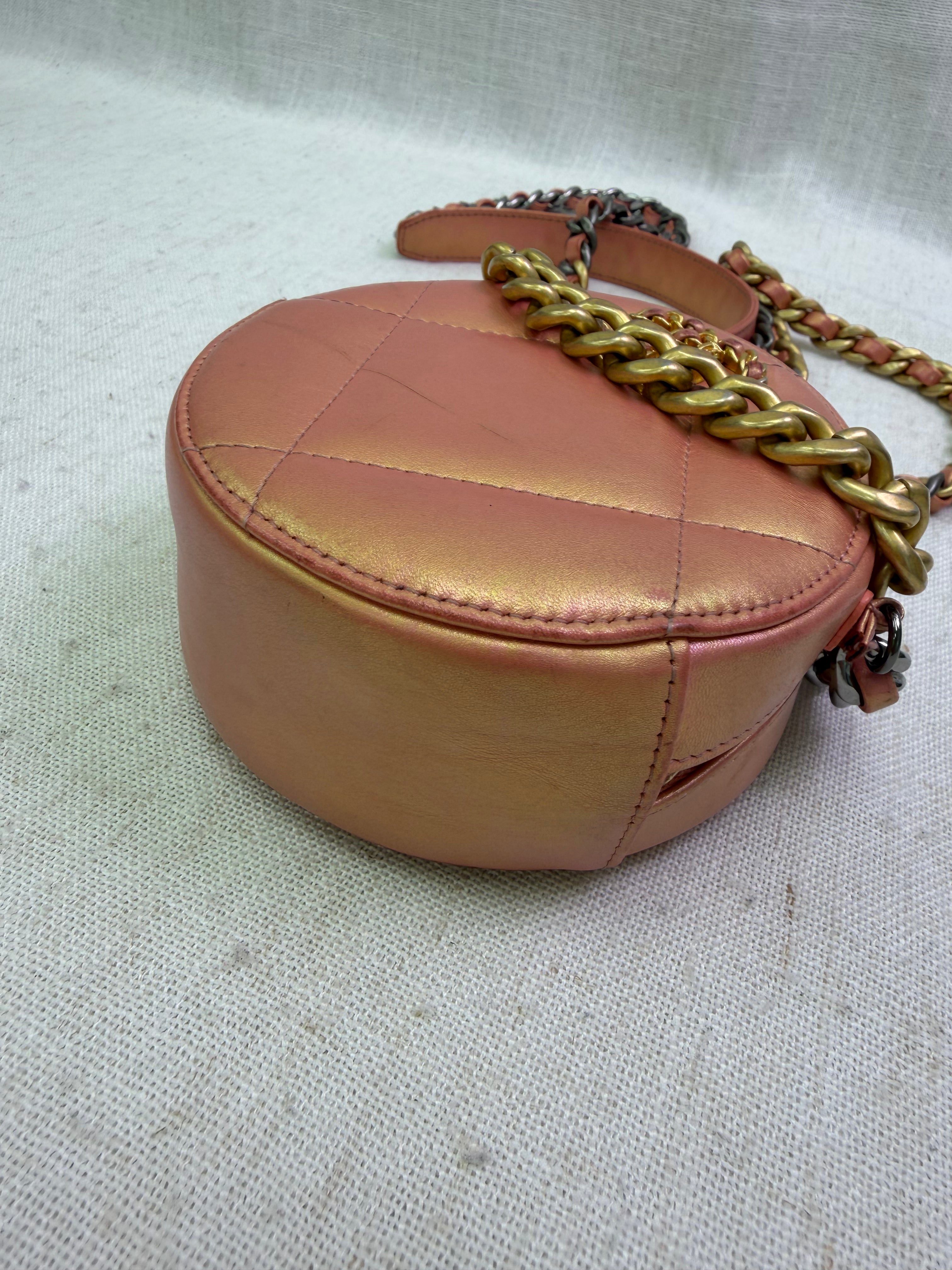 Chanel Pink Iridescent Chanel 19 Round Clutch on a Chain