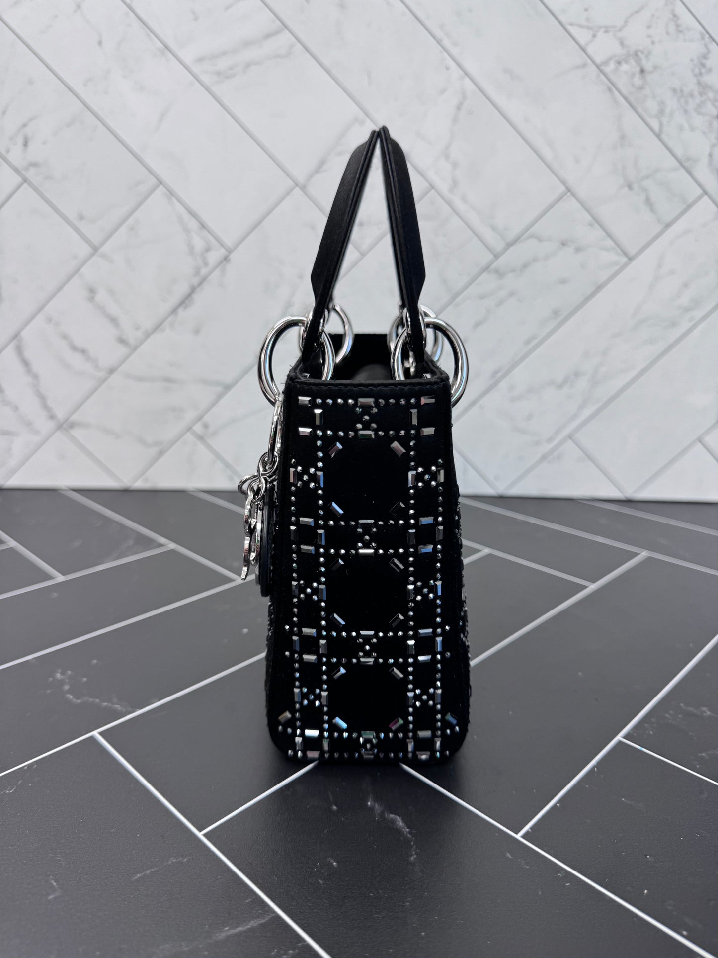LIKE NEW Christian Dior Mini Black Strass Connage Satin Lady Dior