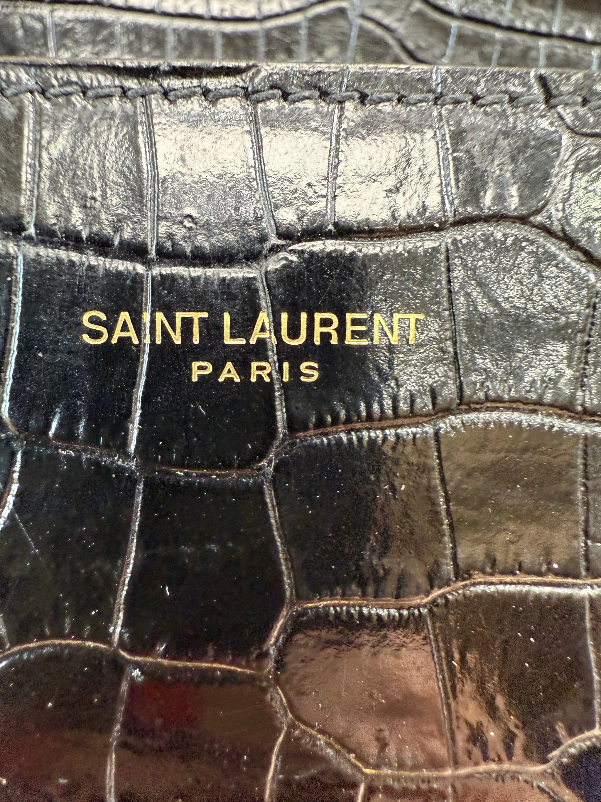 Saint Laurent YSL Black Crocodile Embossed Leather Cassandra Mini Top Handle Bag