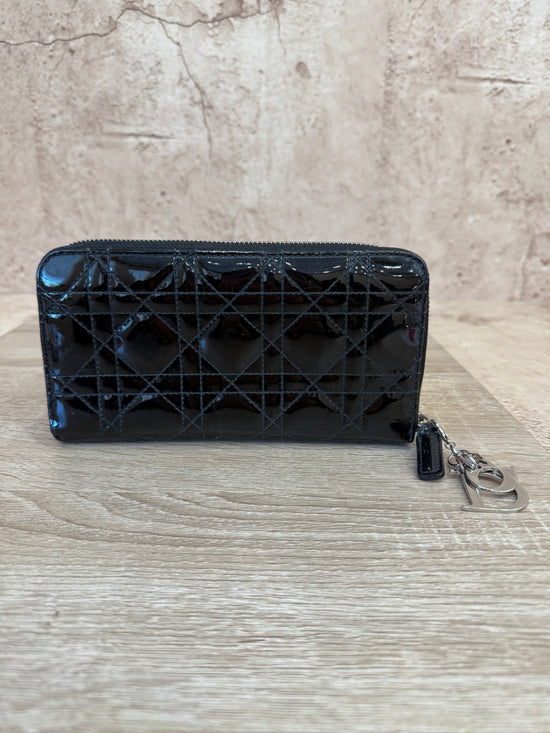 Christian Dior Black Patent Leather Lady Dior Cannage Zippy Wallet