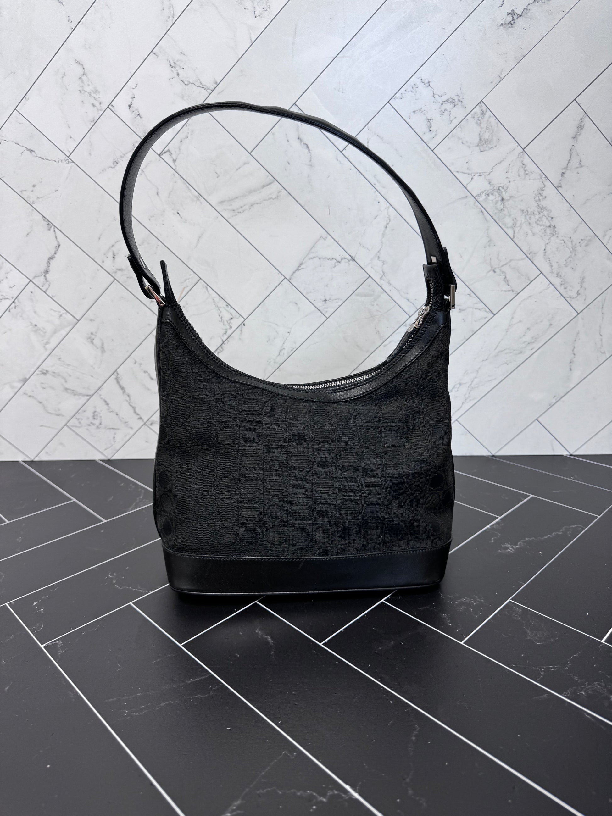 Ferragamo Black Canvas & Leather Hobo Shoulder Bag