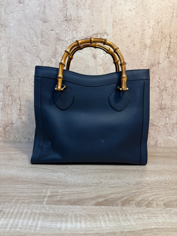 Gucci Navy Blue Leather Diana Bamboo Tote Bag