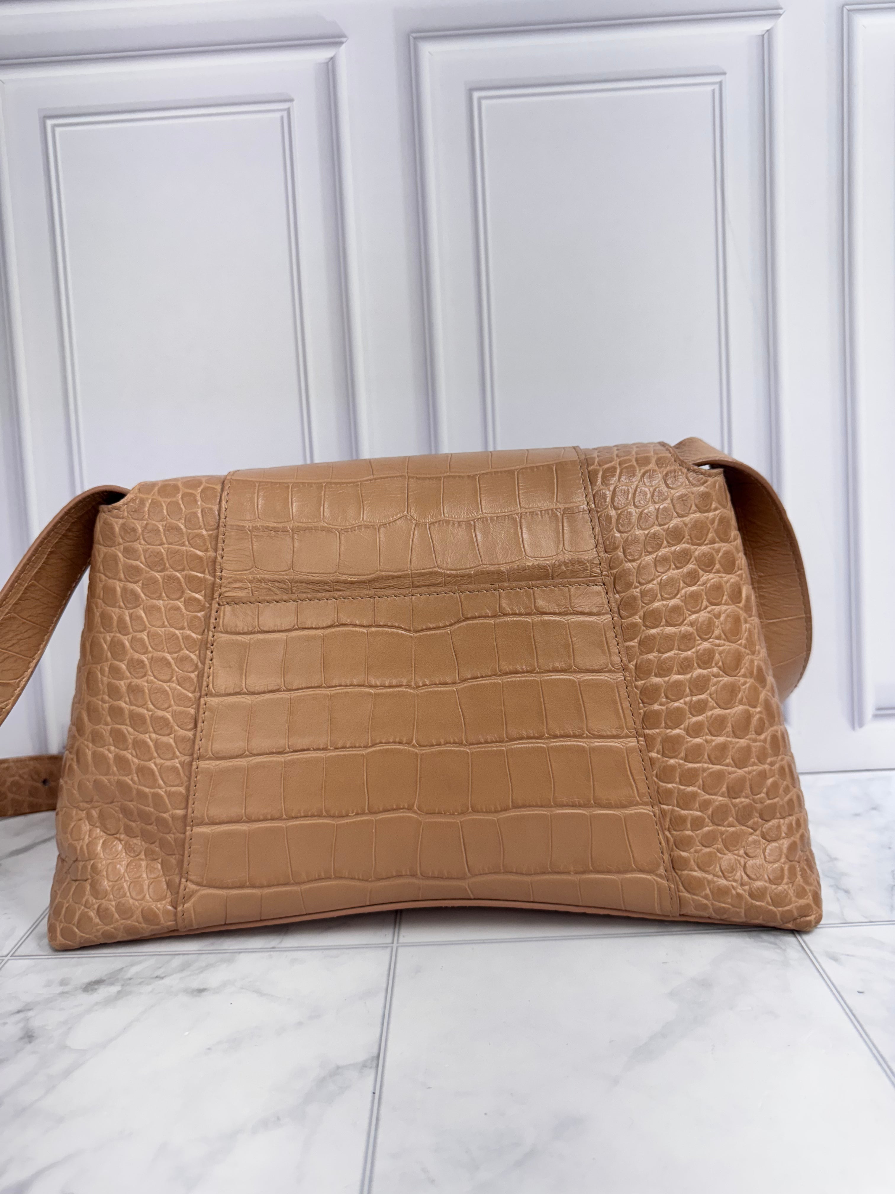 Balenciaga Beige Croc Embossed Downtown Shoulder Bag