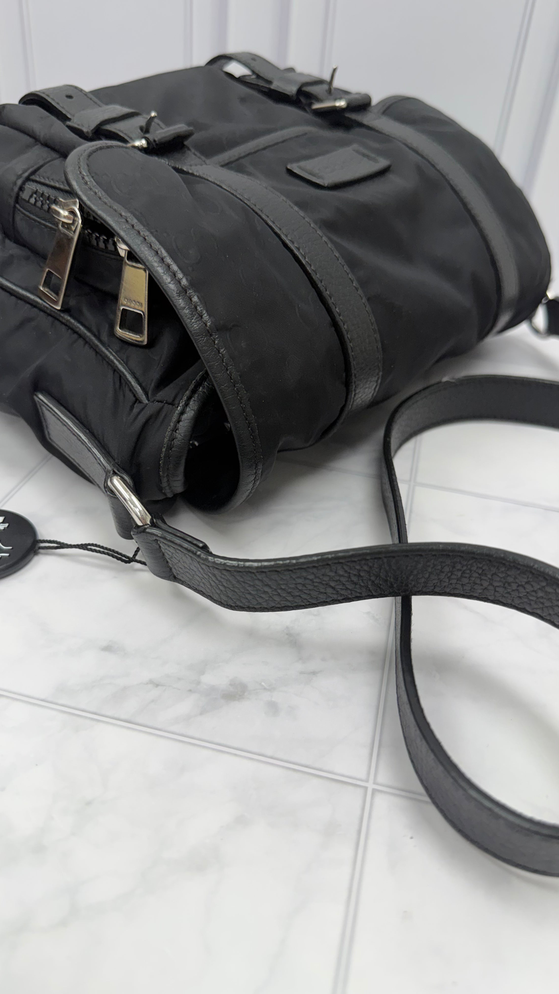 *DONS DROP* Gucci Black Nylon Monogram Double Buckle Flap Messenger Bag