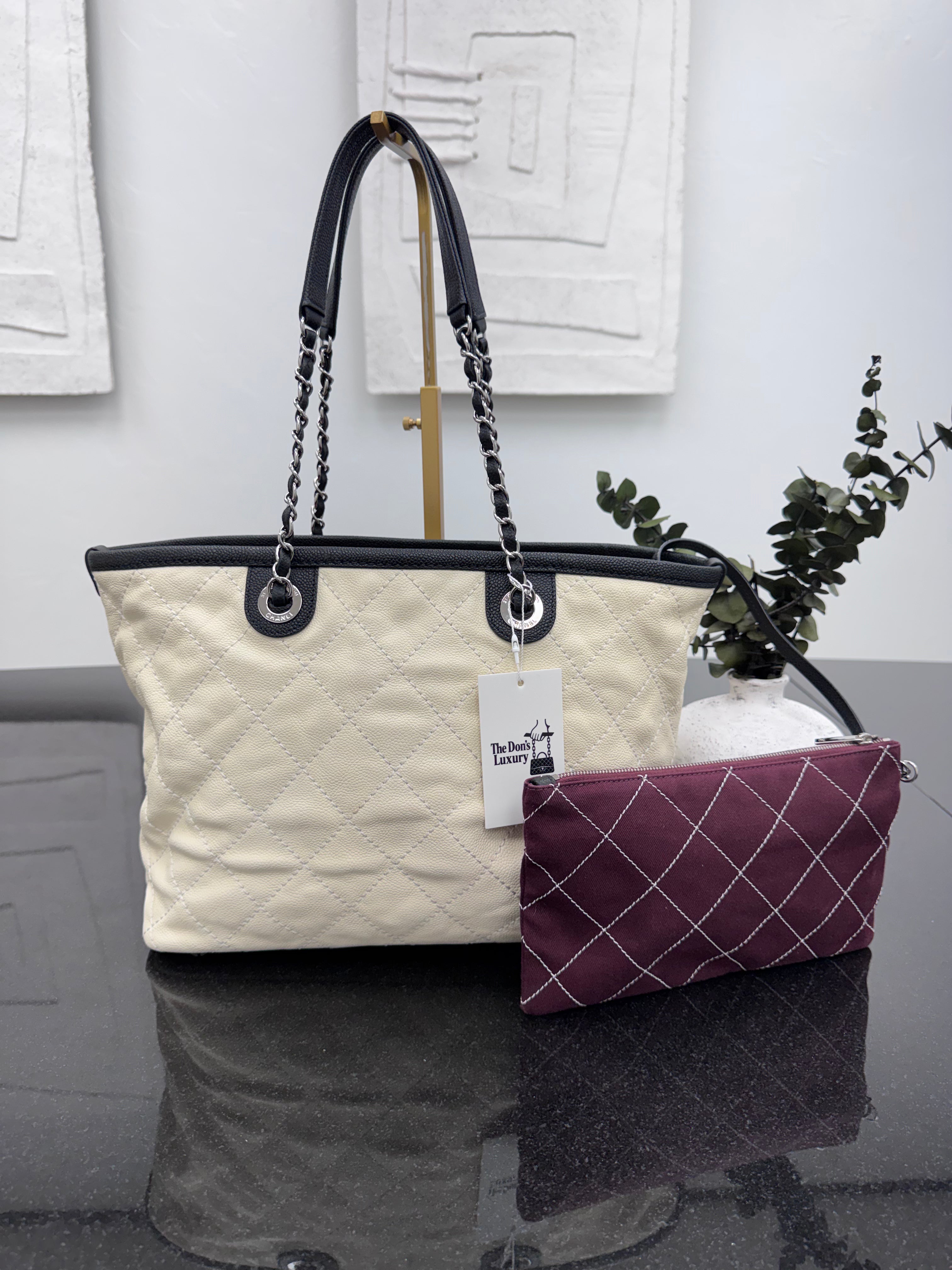Chanel Cream Quilted Caviar Leather 'CC' Daily Shopping Tote Bag