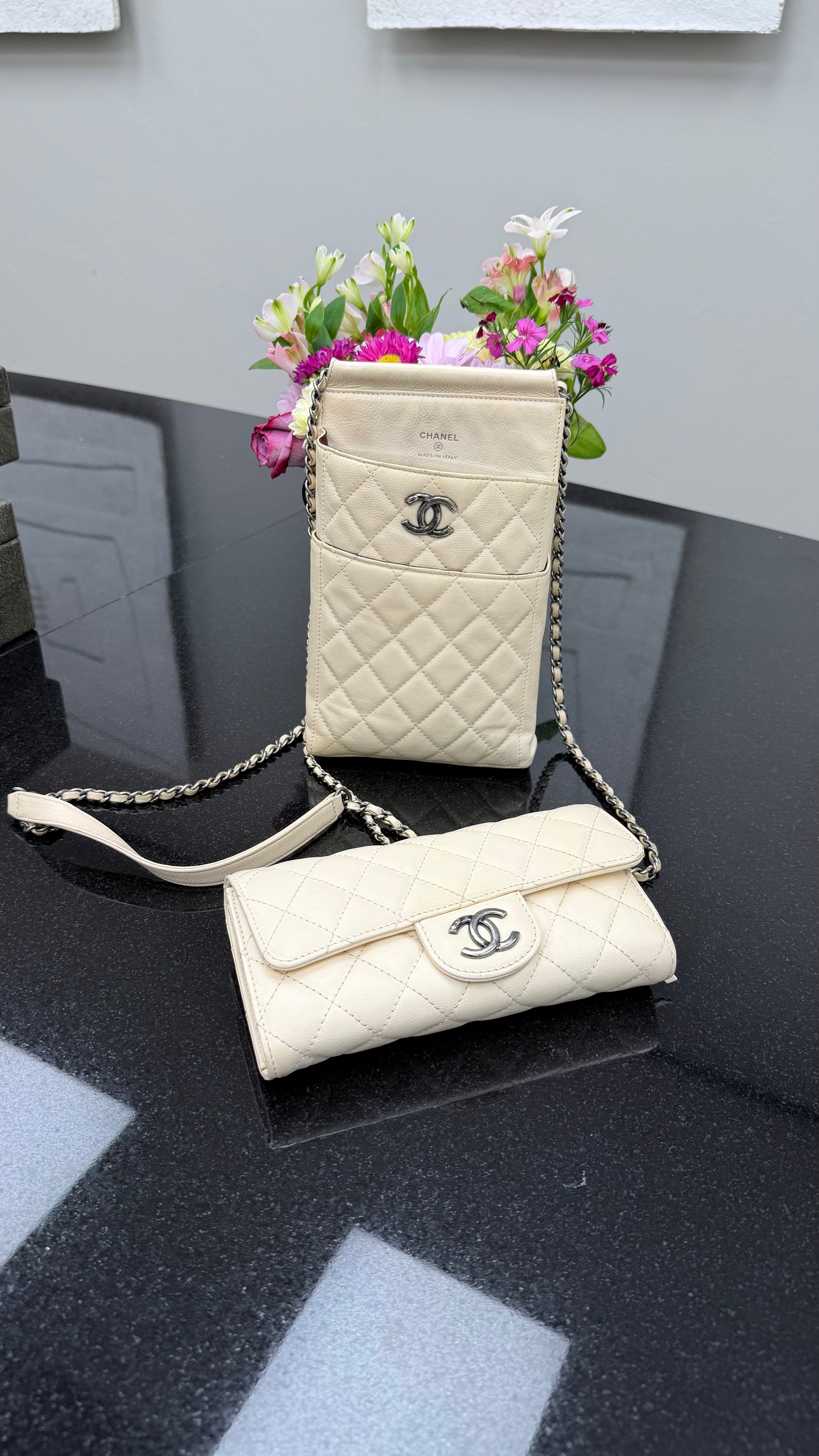 Chanel Ivory Quilted Lambskin CC Waiter Pouch & Wallet on a Chain