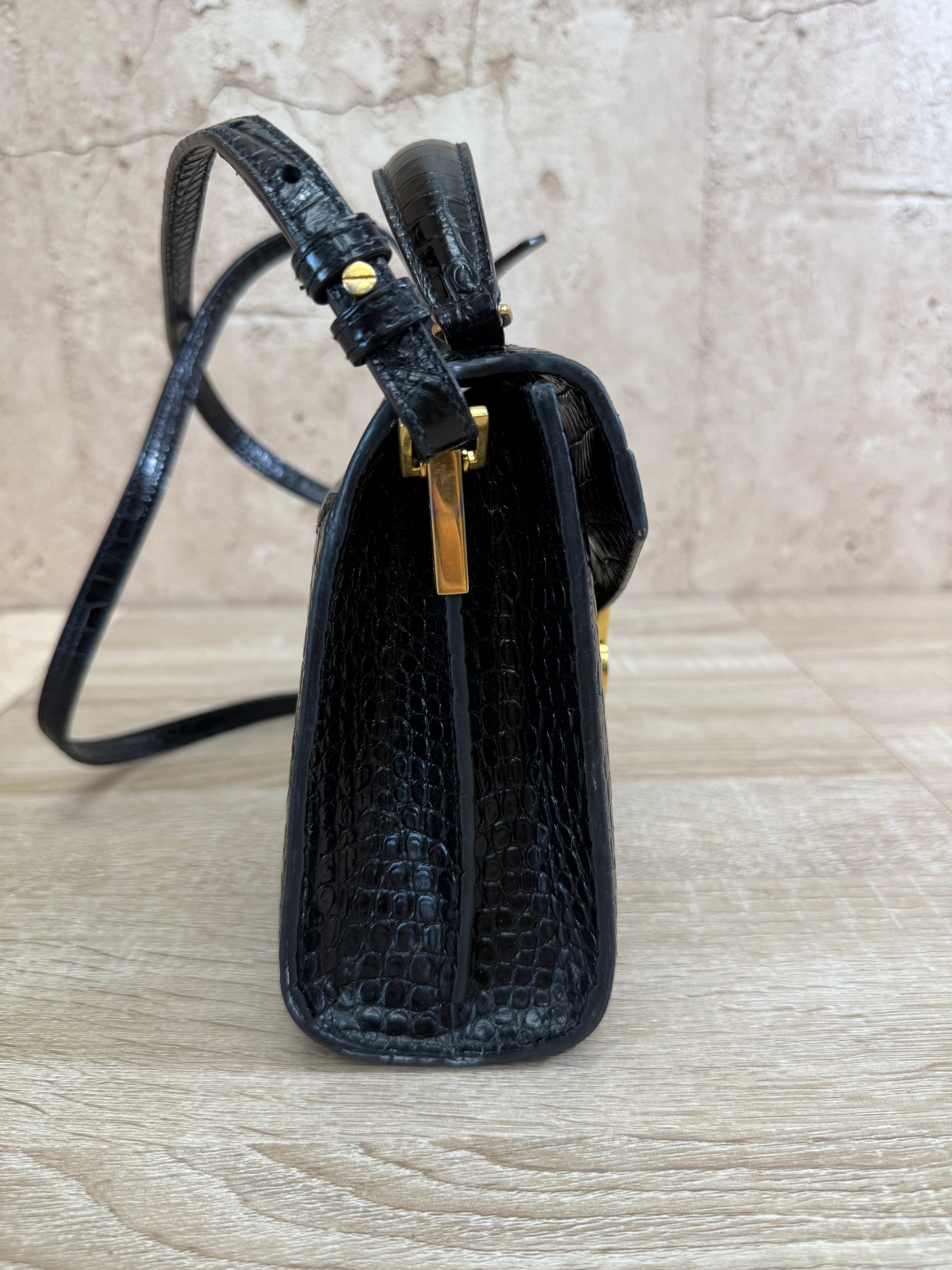 Saint Laurent YSL Black Crocodile Embossed Leather Cassandra Mini Top Handle Bag