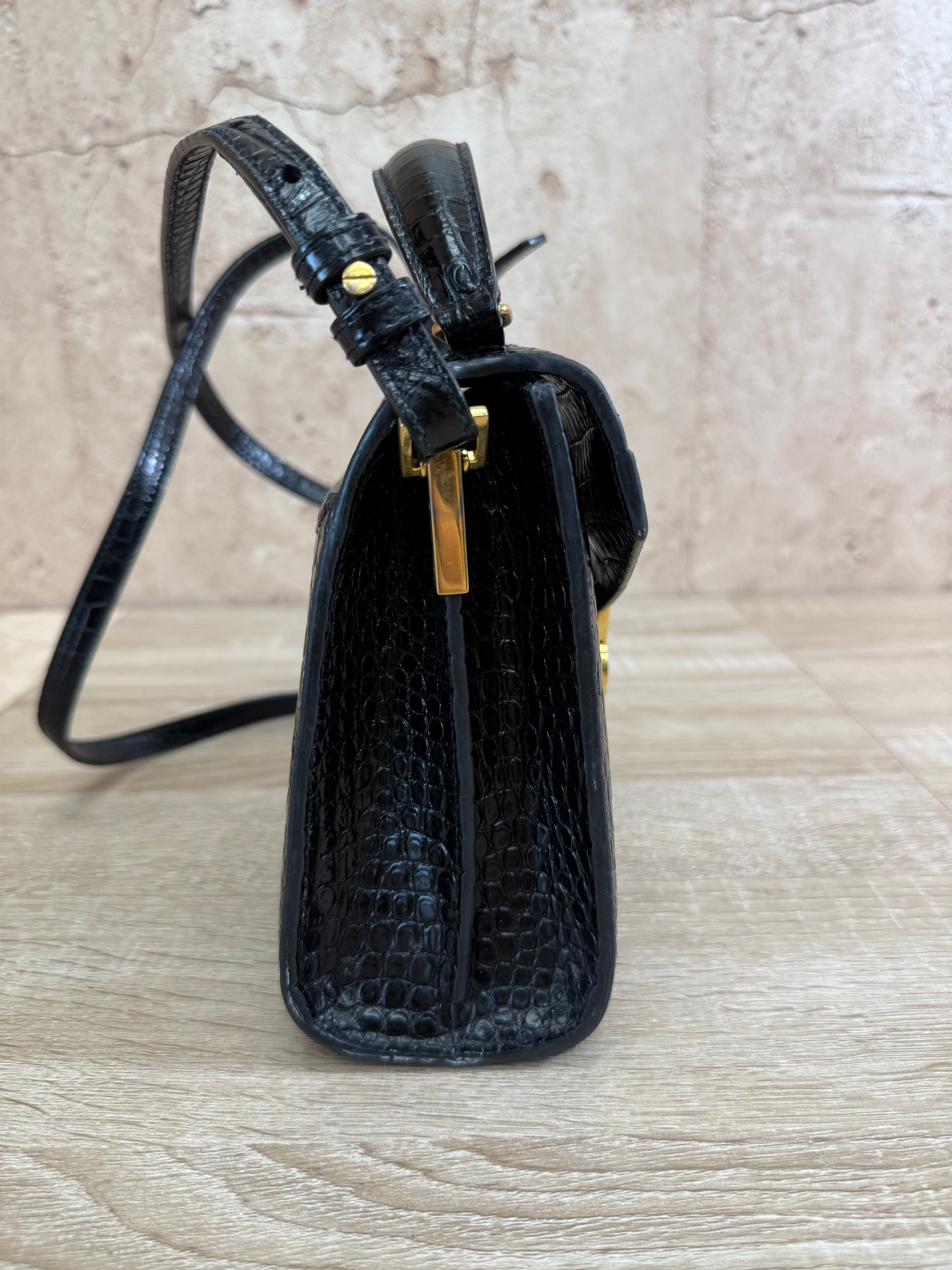Saint Laurent YSL Black Crocodile Embossed Leather Cassandra Mini Top Handle Bag