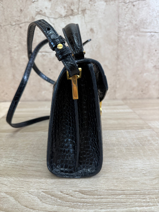 Saint Laurent YSL Black Crocodile Embossed Leather Cassandra Mini Top Handle Bag