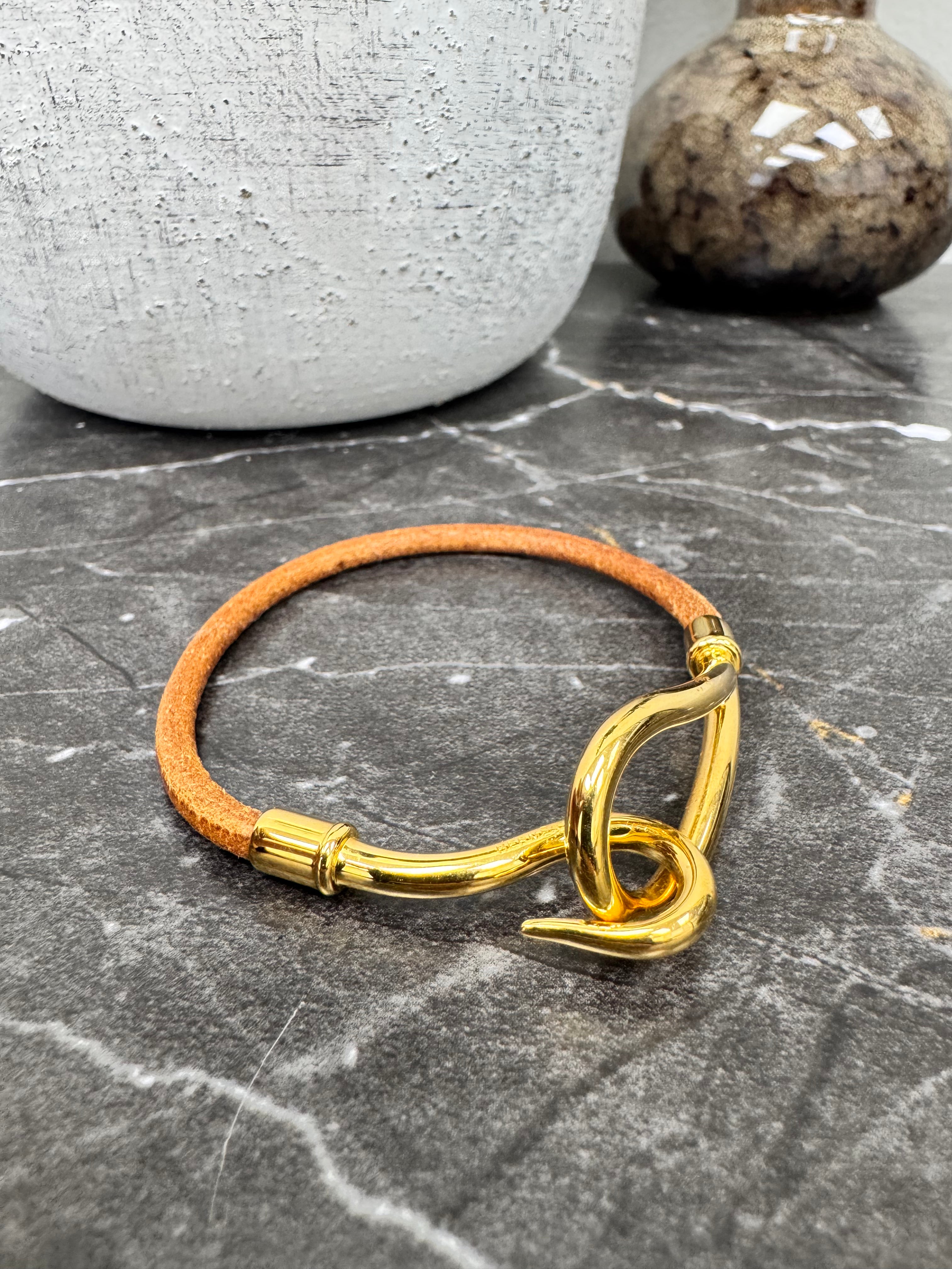 Hermes Gold Tone And Leather Jumbo Hook Bracelet