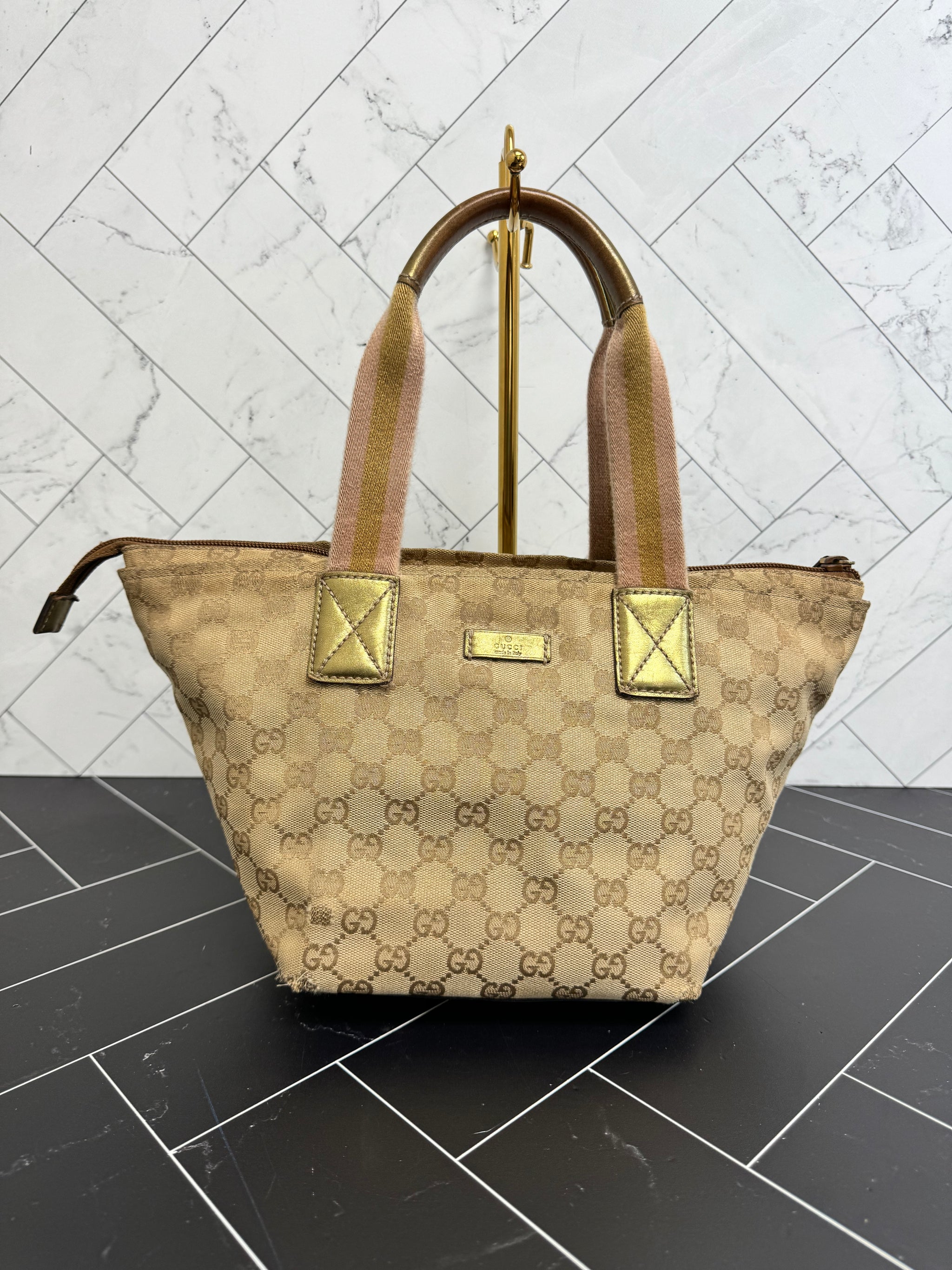 Gucci Beige Canvas Sherry Line Hand Bag