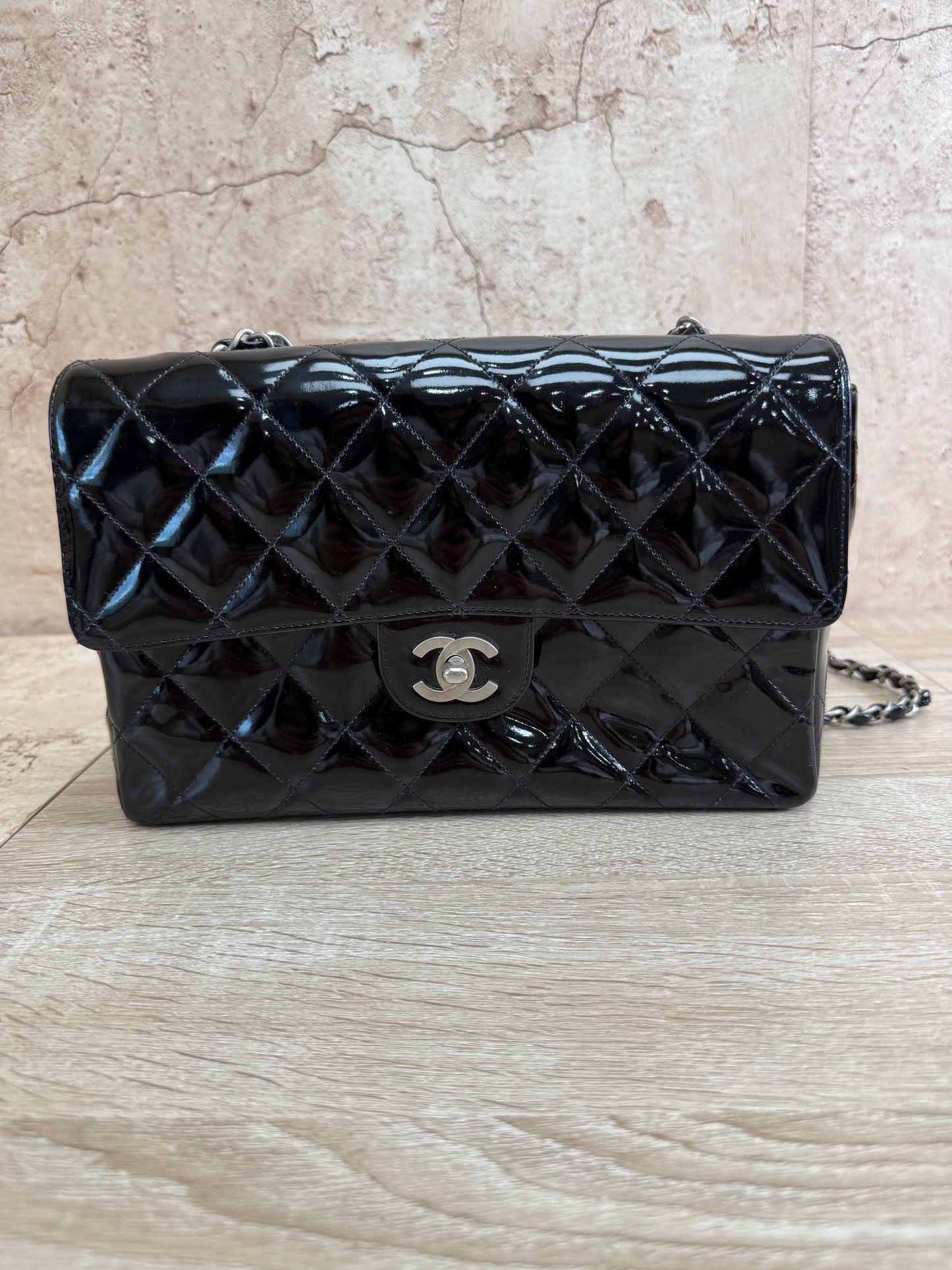 Chanel Quilted Black Patent Leather Flap Bag
