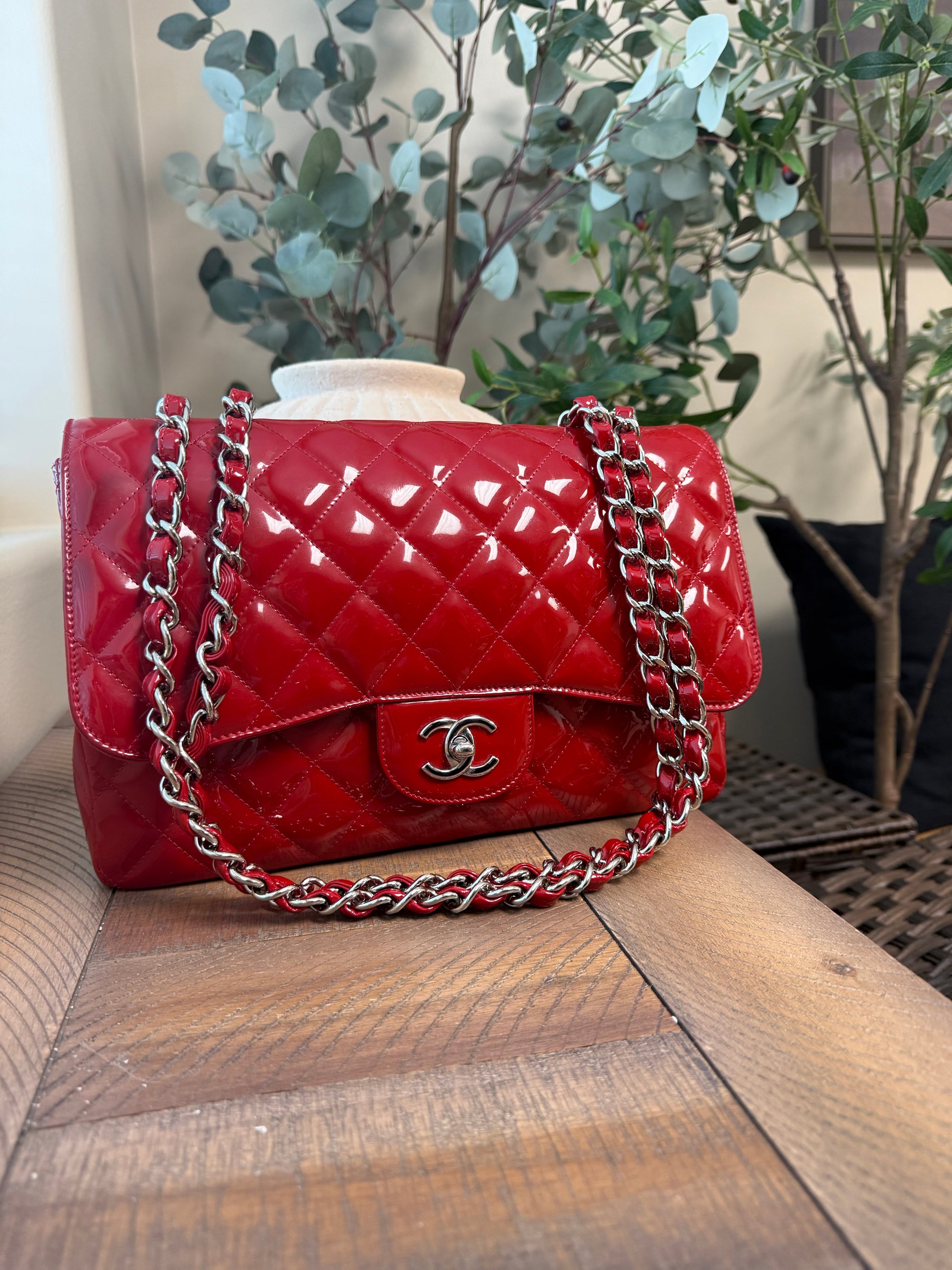 Chanel Red Patent Leather Jumbo Classic Flap