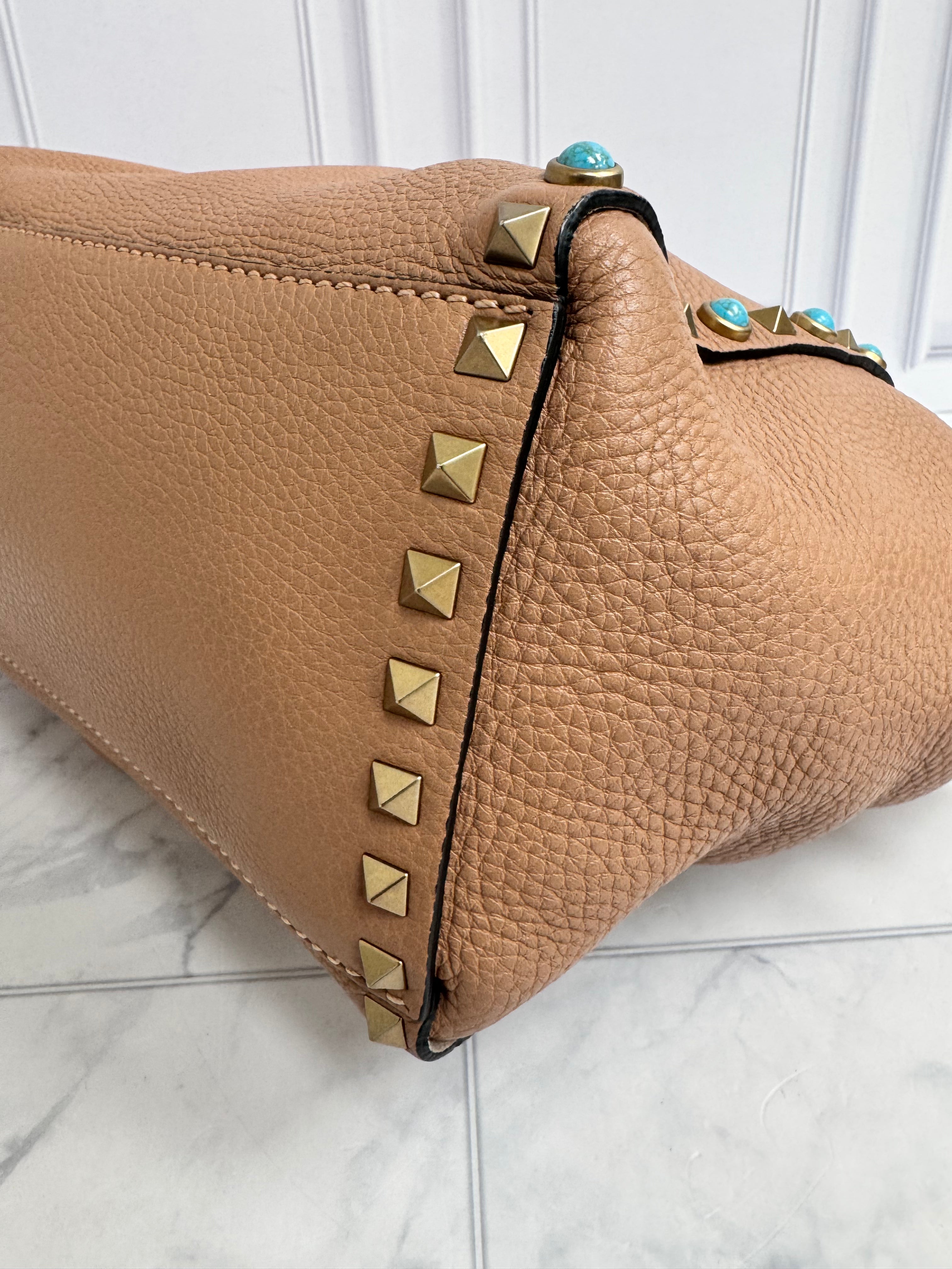 Valentino Dusty Rose Grained Leather Rockstud Rolling Tote Bag