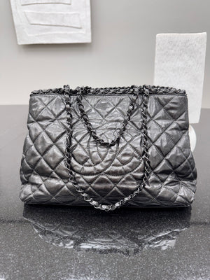 Chanel Metallic Gunmetal Diamond Quilted Leather Chain Me Small Tote Bag