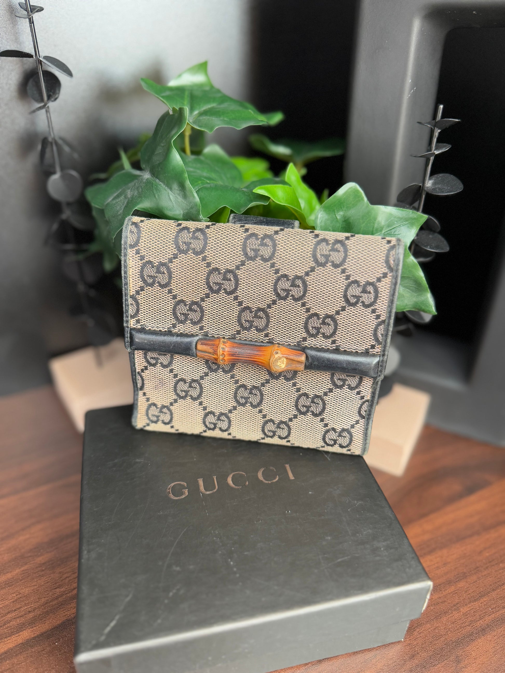 Gucci Black GG Canvas Bamboo Compact Wallet