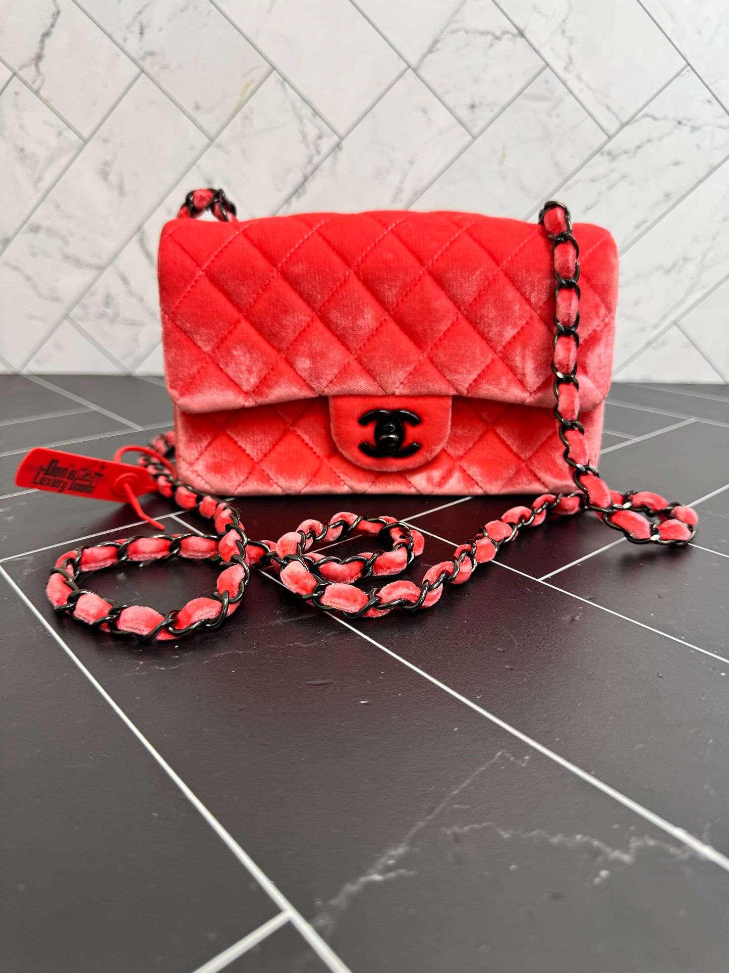 Chanel Coral Classic Single Flap Bag Quilted Velvet Mini