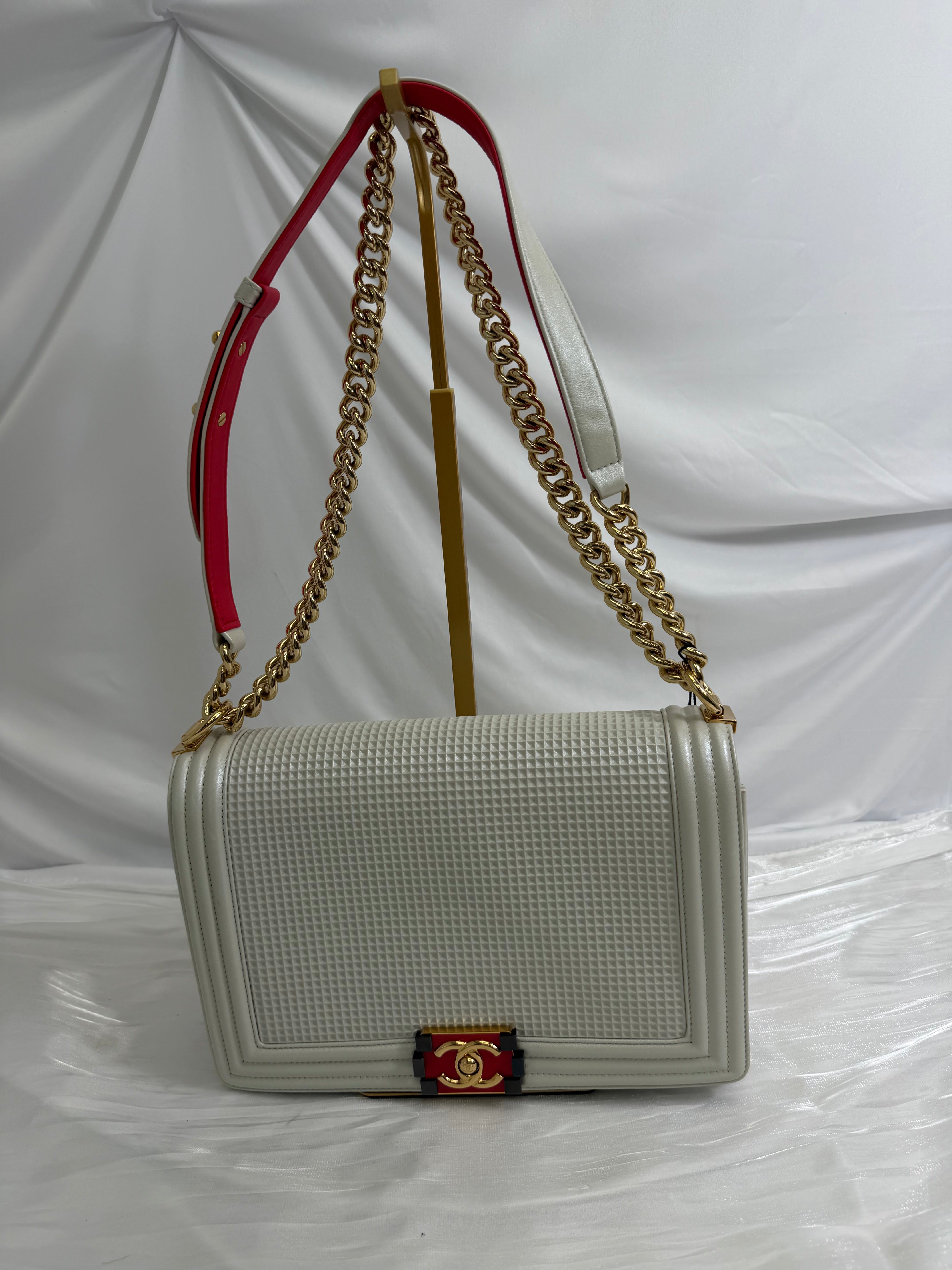 Chanel White Calfskin Cube Embossed Medium Boy Bag