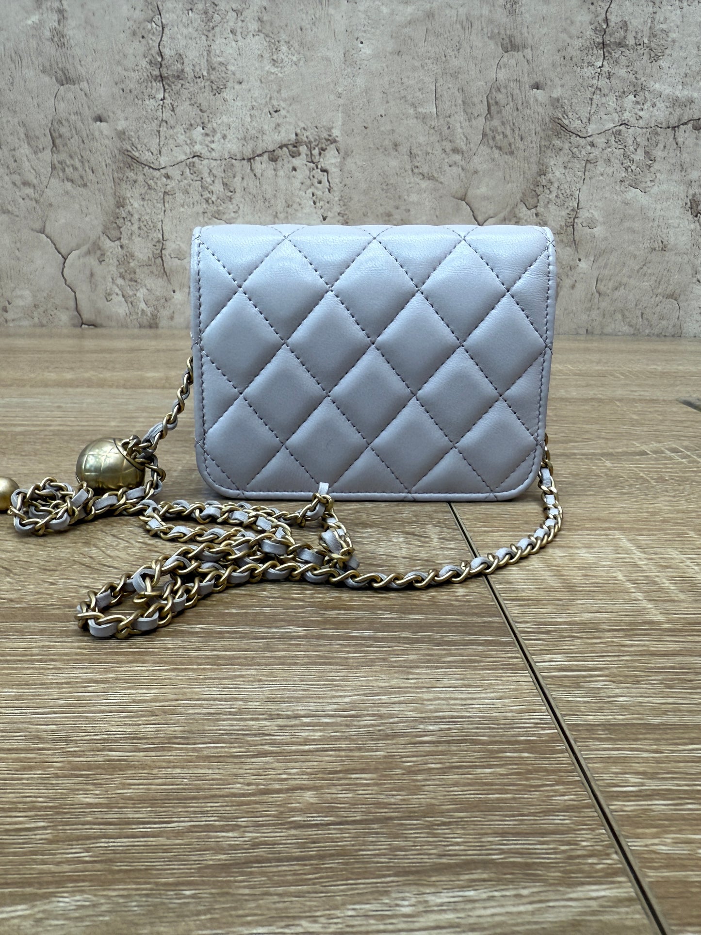 Chanel Taupe Quilted Calfskin Mini Pearl Crush Flap Clutch with Chain
