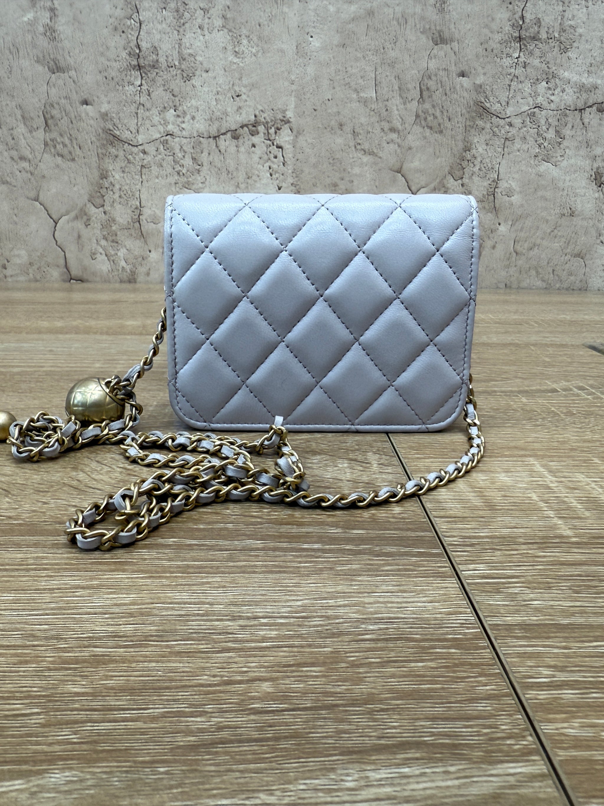 Chanel Taupe Quilted Calfskin Mini Pearl Crush Flap Clutch with Chain