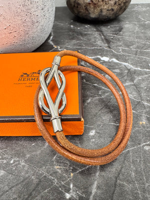 Hermes Silver Tone And Leather Double Tour Atame Bracelet