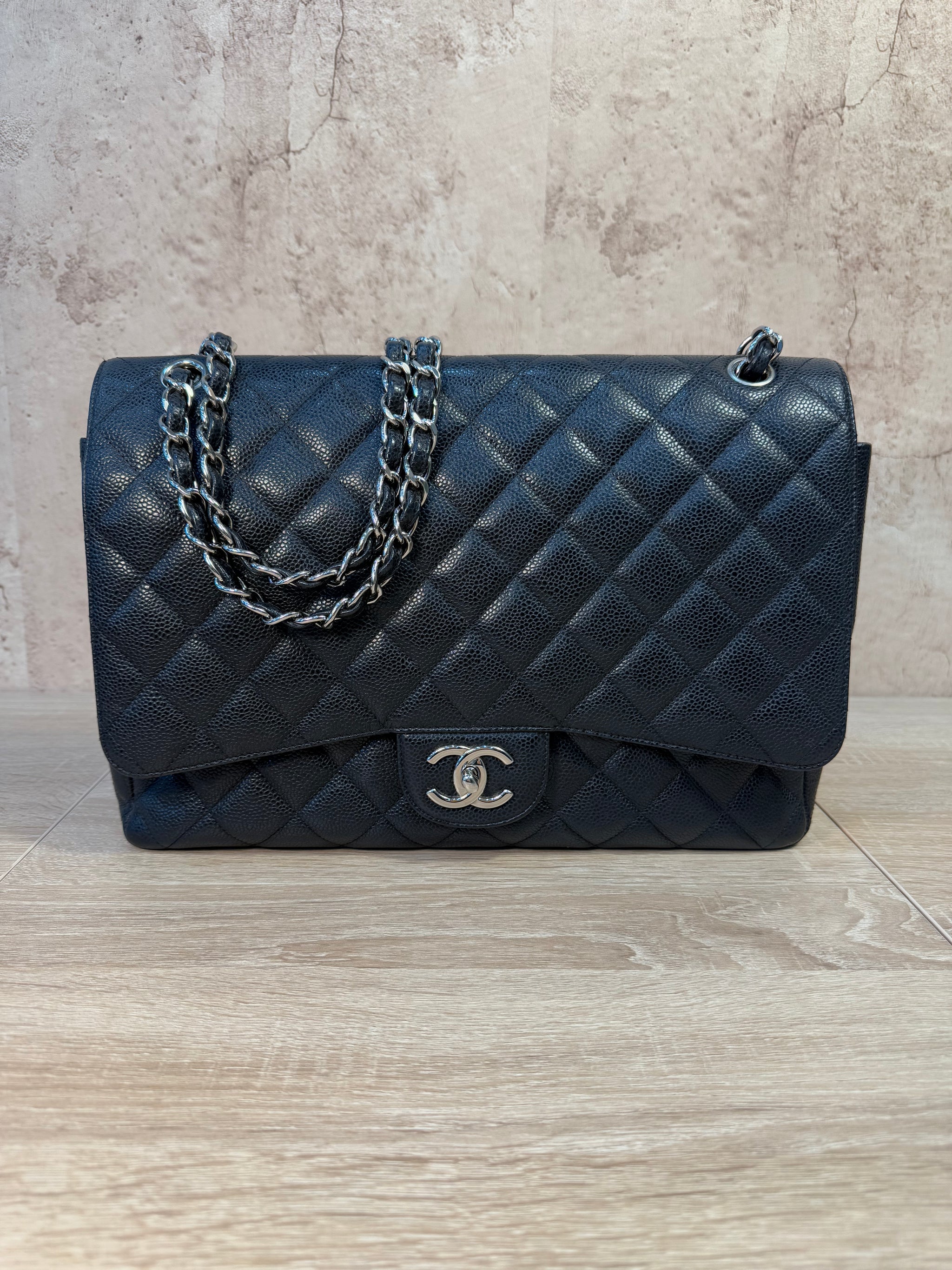 LIKE NEW Chanel Black Caviar Classic Double Flap Maxi Bag